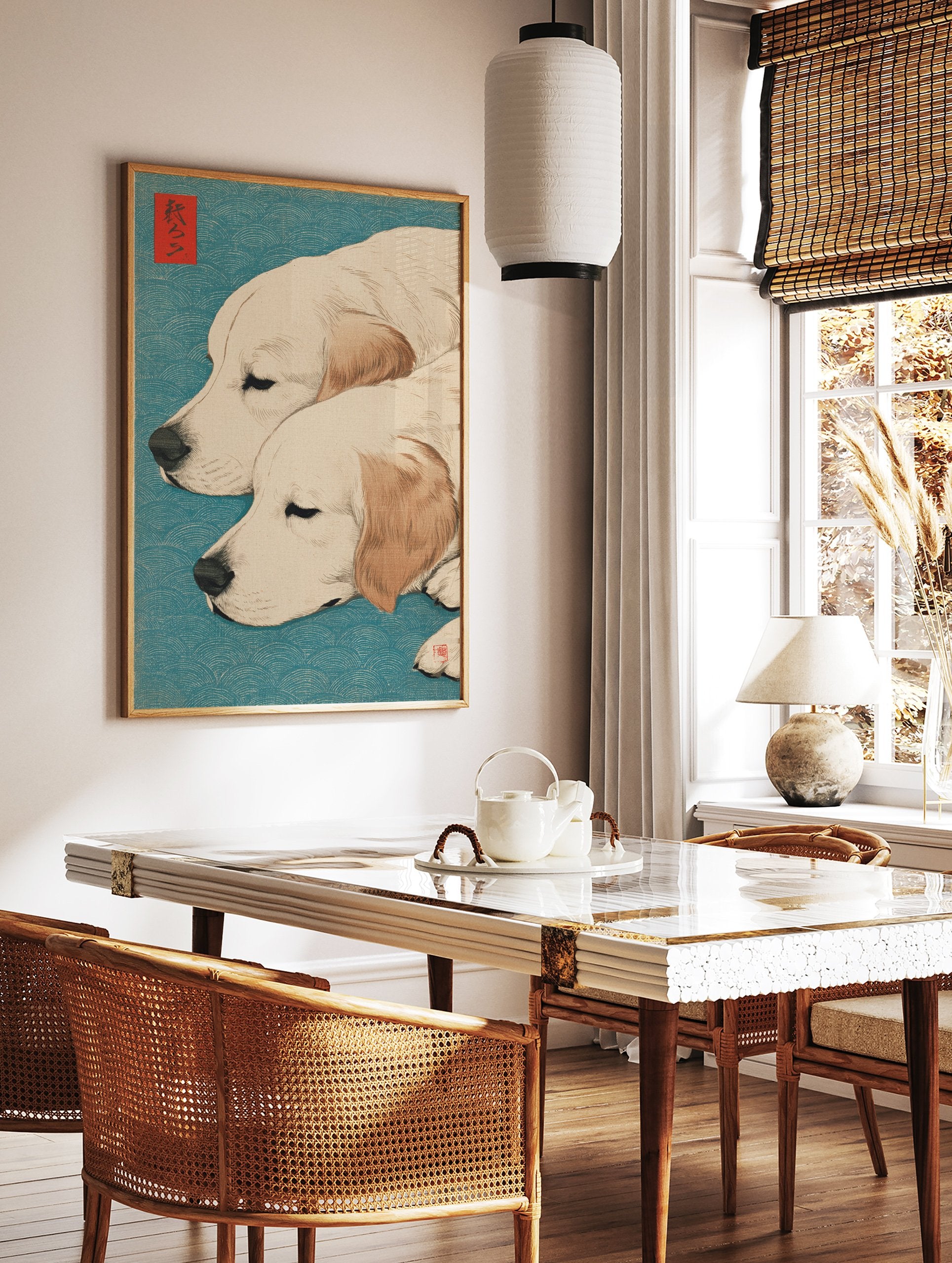 Japanese Ukiyo-e style art print of two sleeping Golden Retriever dogs with a blue wave pattern background and red seals - Image 2