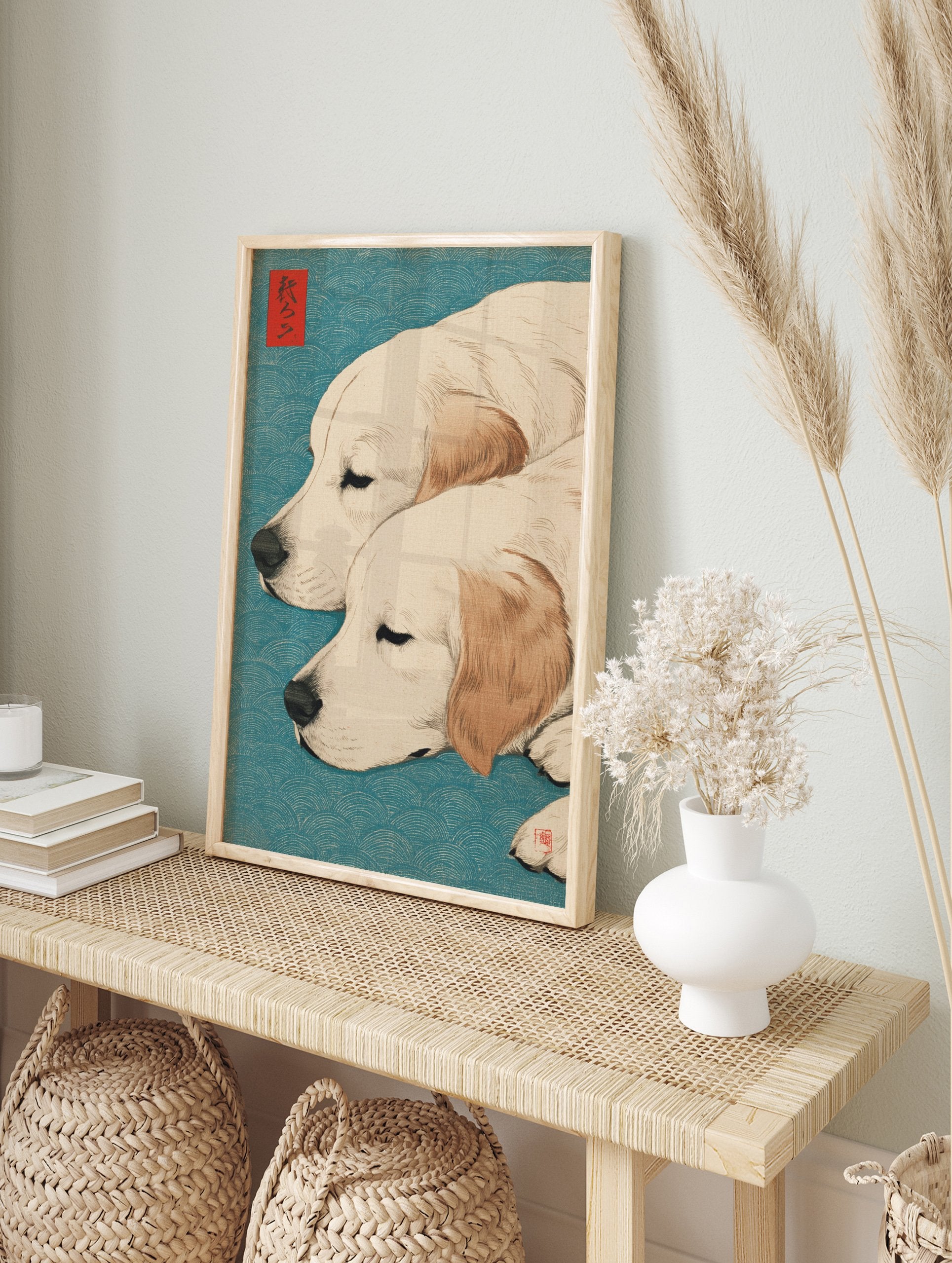 Japanese Ukiyo-e style art print of two sleeping Golden Retriever dogs with a blue wave pattern background and red seals - Image 3
