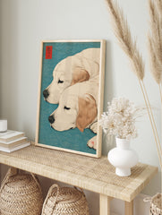 Japanese Ukiyo-e style art print of two sleeping Golden Retriever dogs with a blue wave pattern background and red seals - Image 3