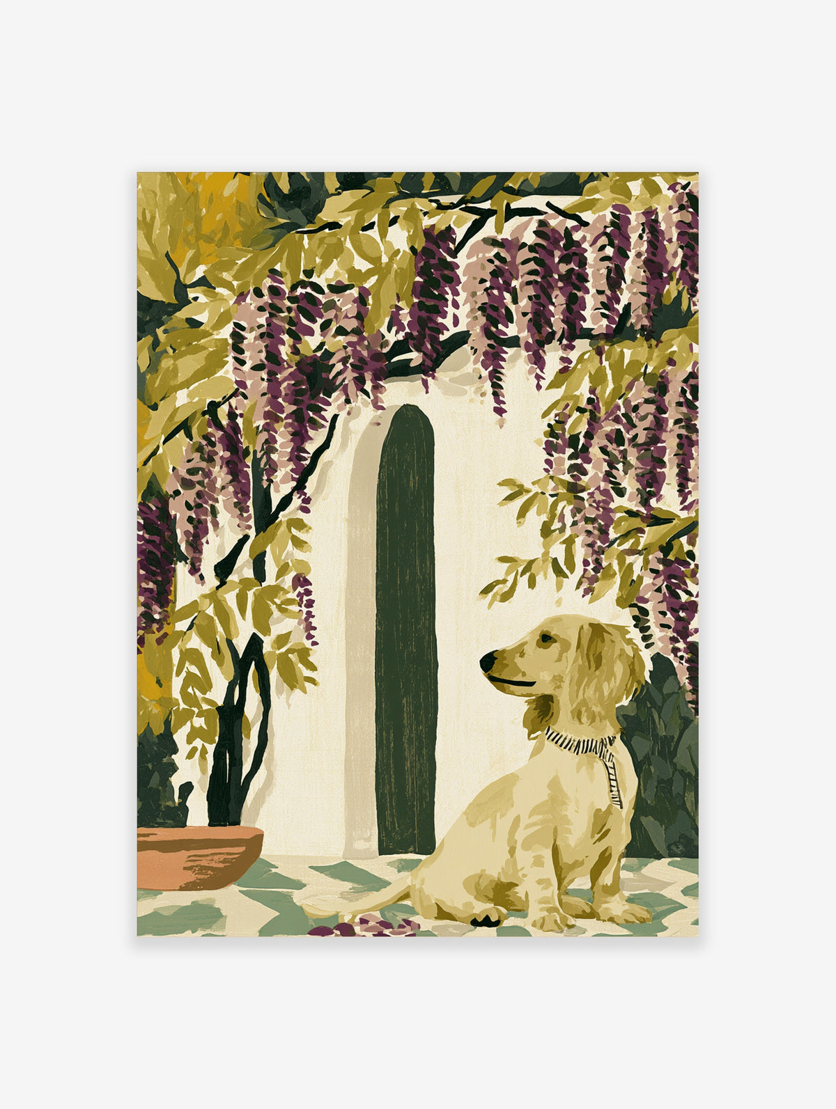 Golden retriever sitting under purple wisteria by a green arched door, colourful dog art print