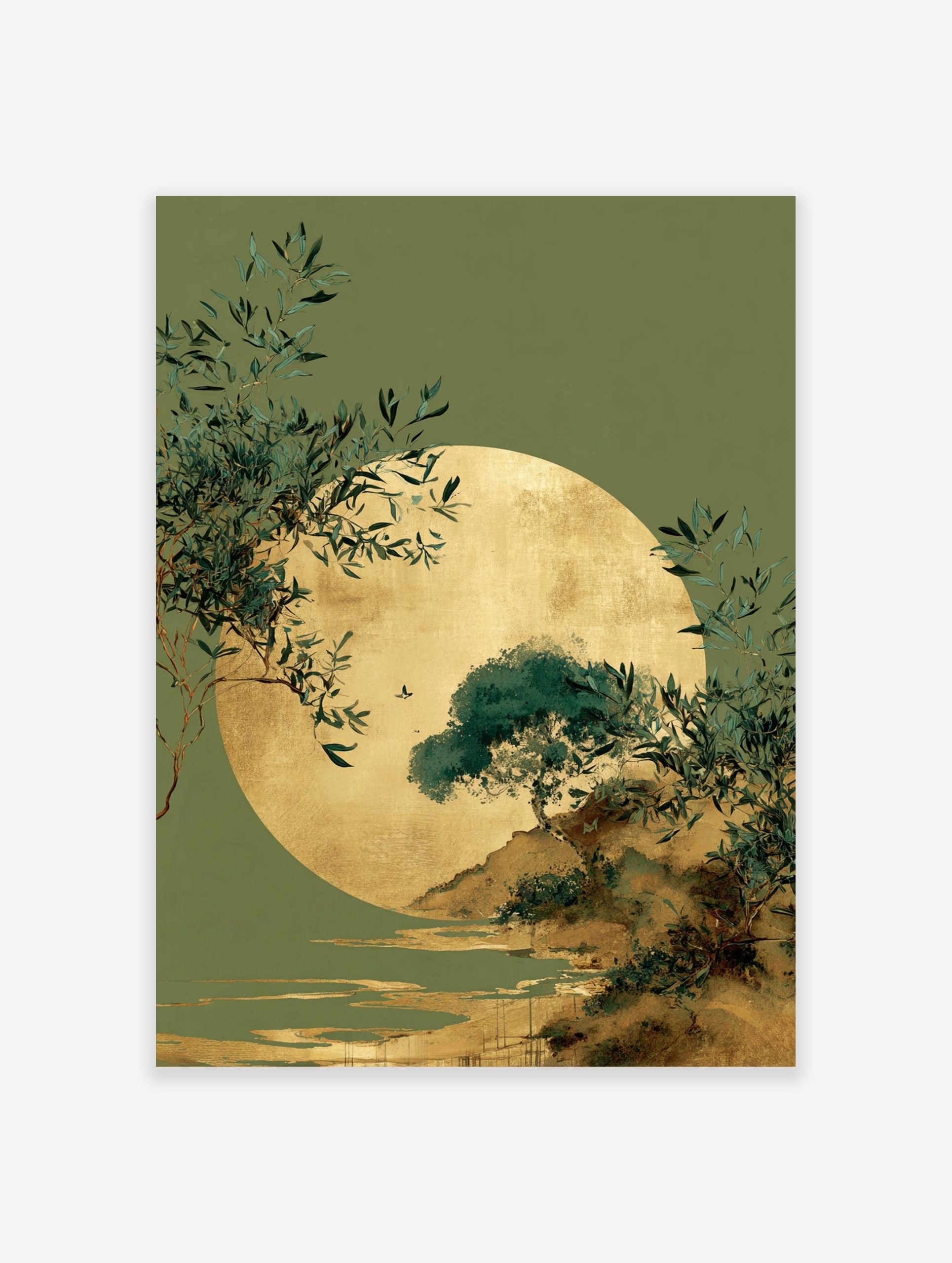 Golden sun or moon over a green landscape with trees, foliage, water, and a bird in flight