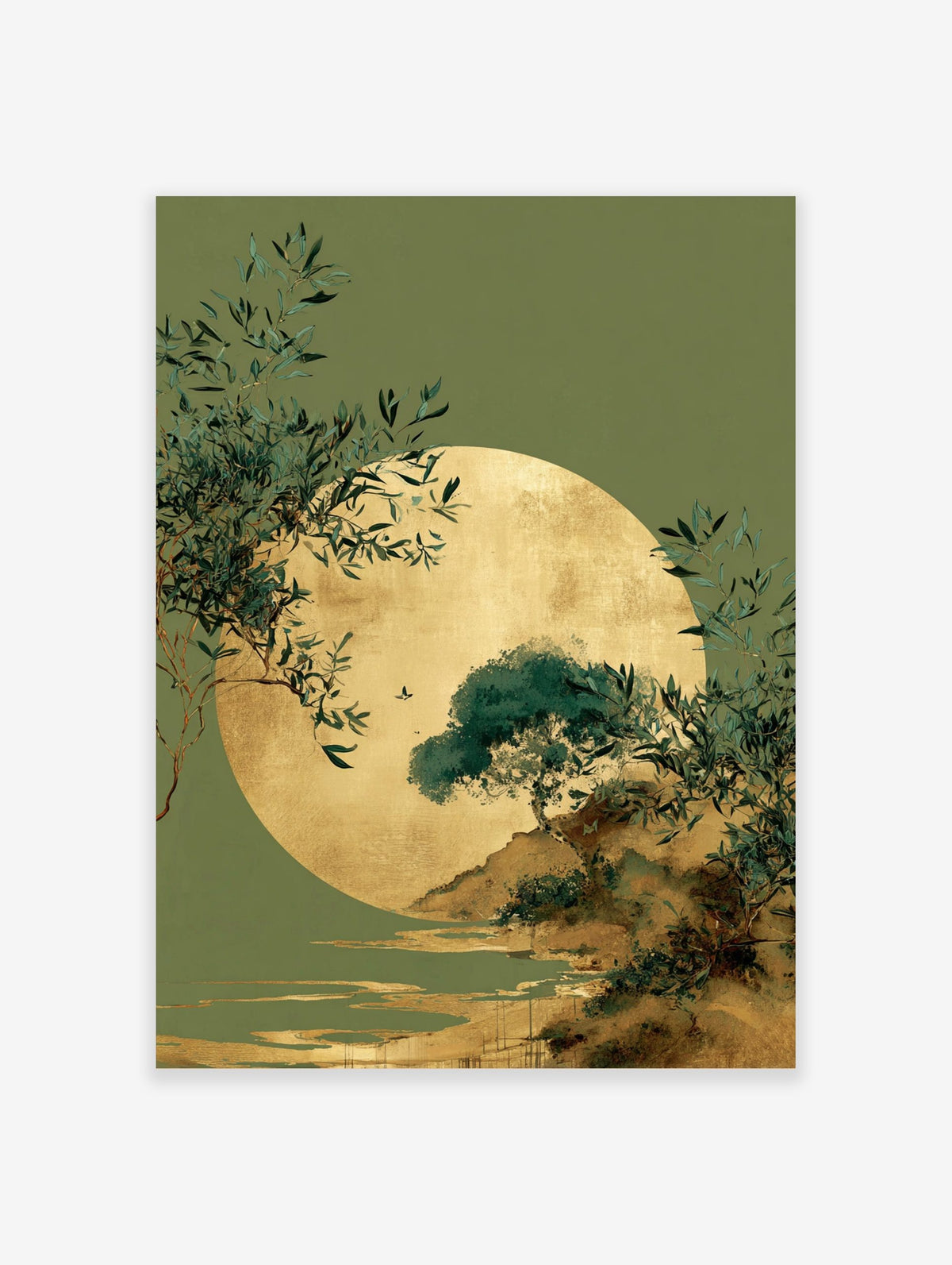 Golden sun or moon over a green landscape with trees, foliage, water, and a bird in flight