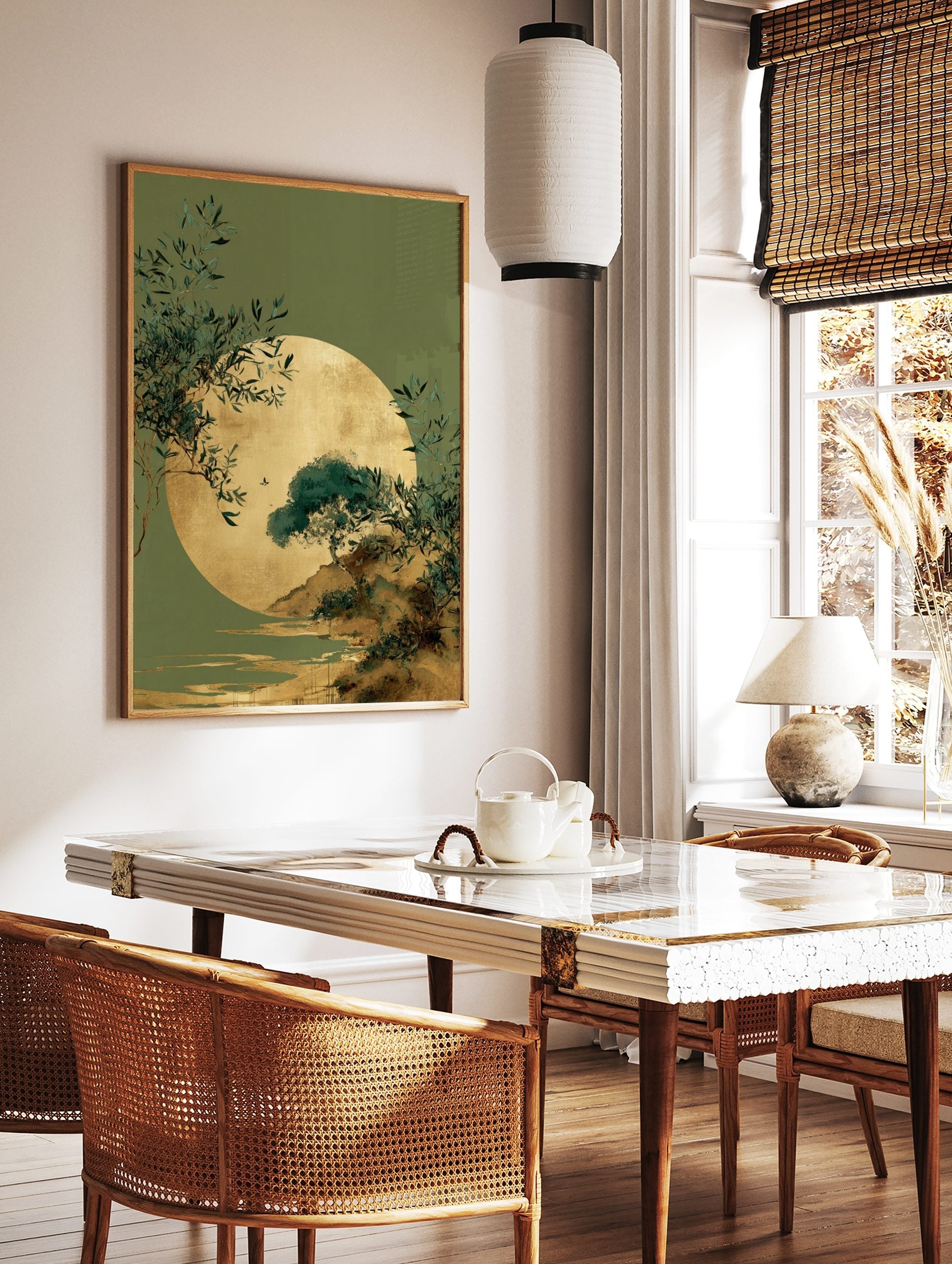 Golden sun or moon over a green landscape with trees, foliage, water, and a bird in flight, in a styled room mockup