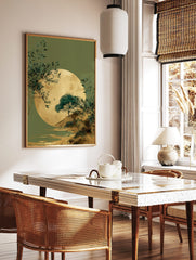 Golden sun or moon over a green landscape with trees, foliage, water, and a bird in flight, in a styled room mockup