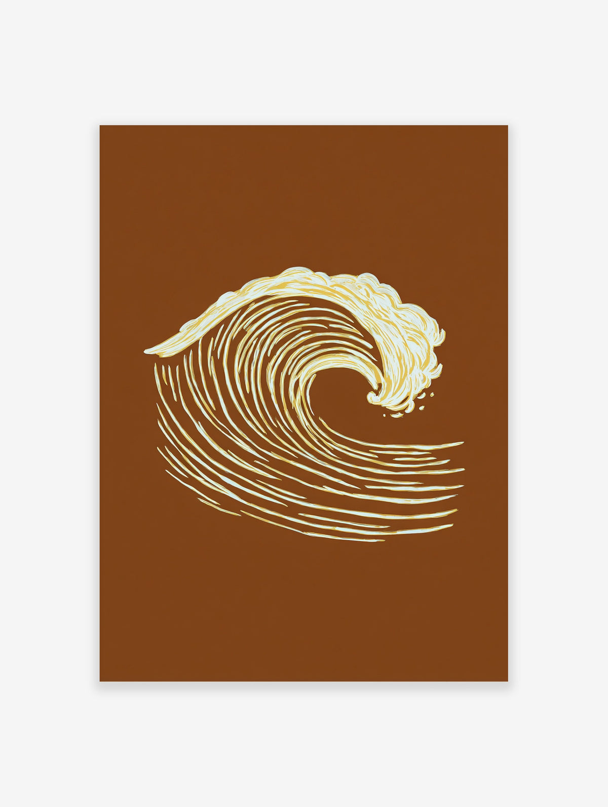 Golden wave poster with white line art on brown background, Japanese ocean art print