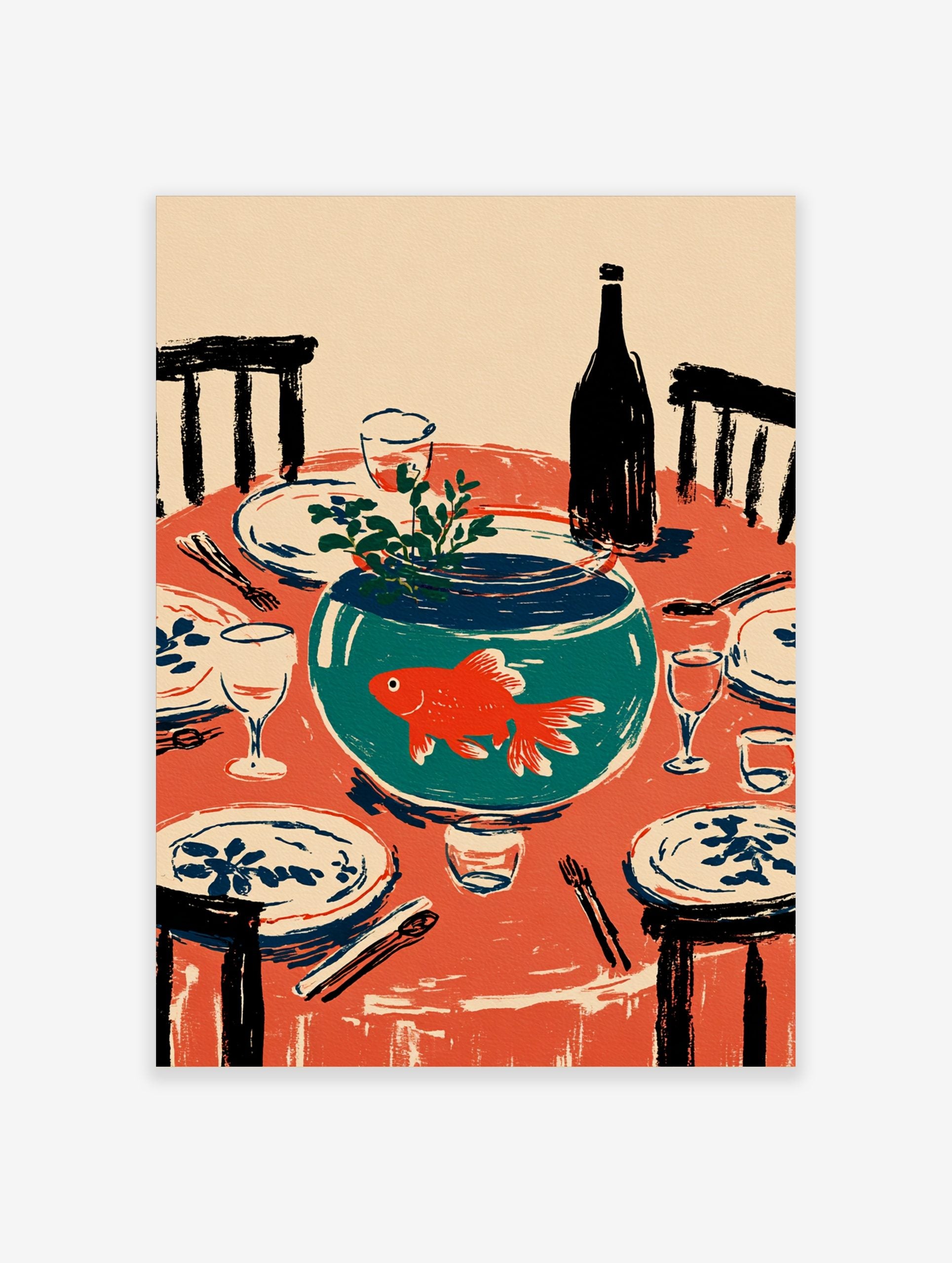 Illustrative wall art of an orange goldfish in a teal fishbowl on a red dining table set with plates and glasses