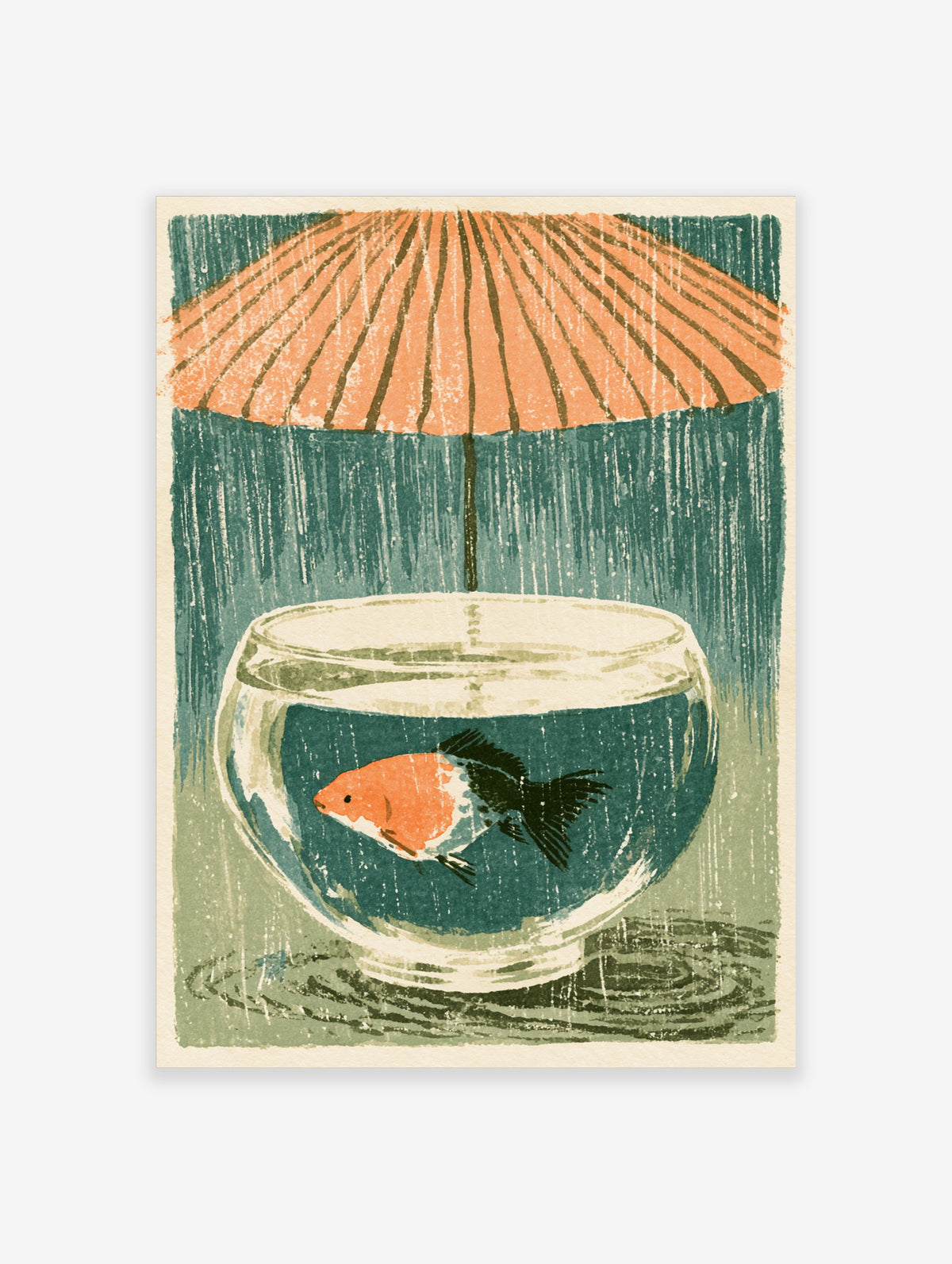 Goldfish in a glass bowl under an orange umbrella with teal rain, woodblock-style art print