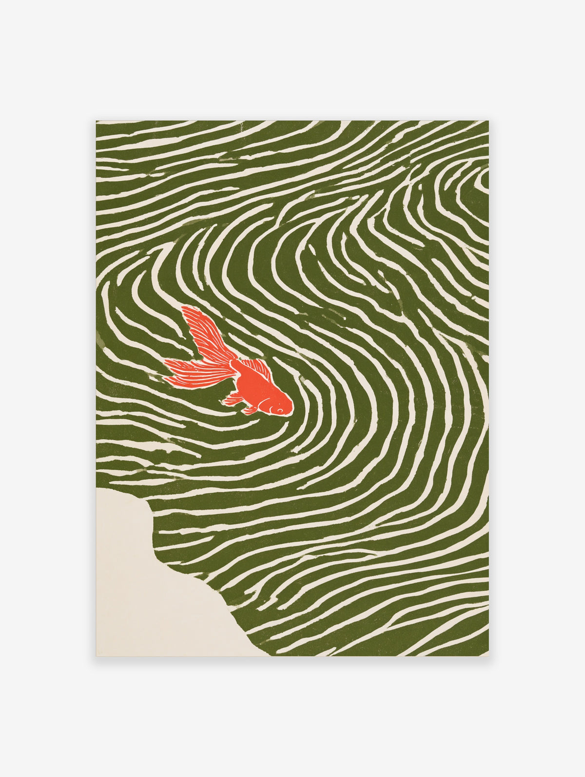 Red goldfish art print swimming across green and cream wavy lines, Japanese style illustration