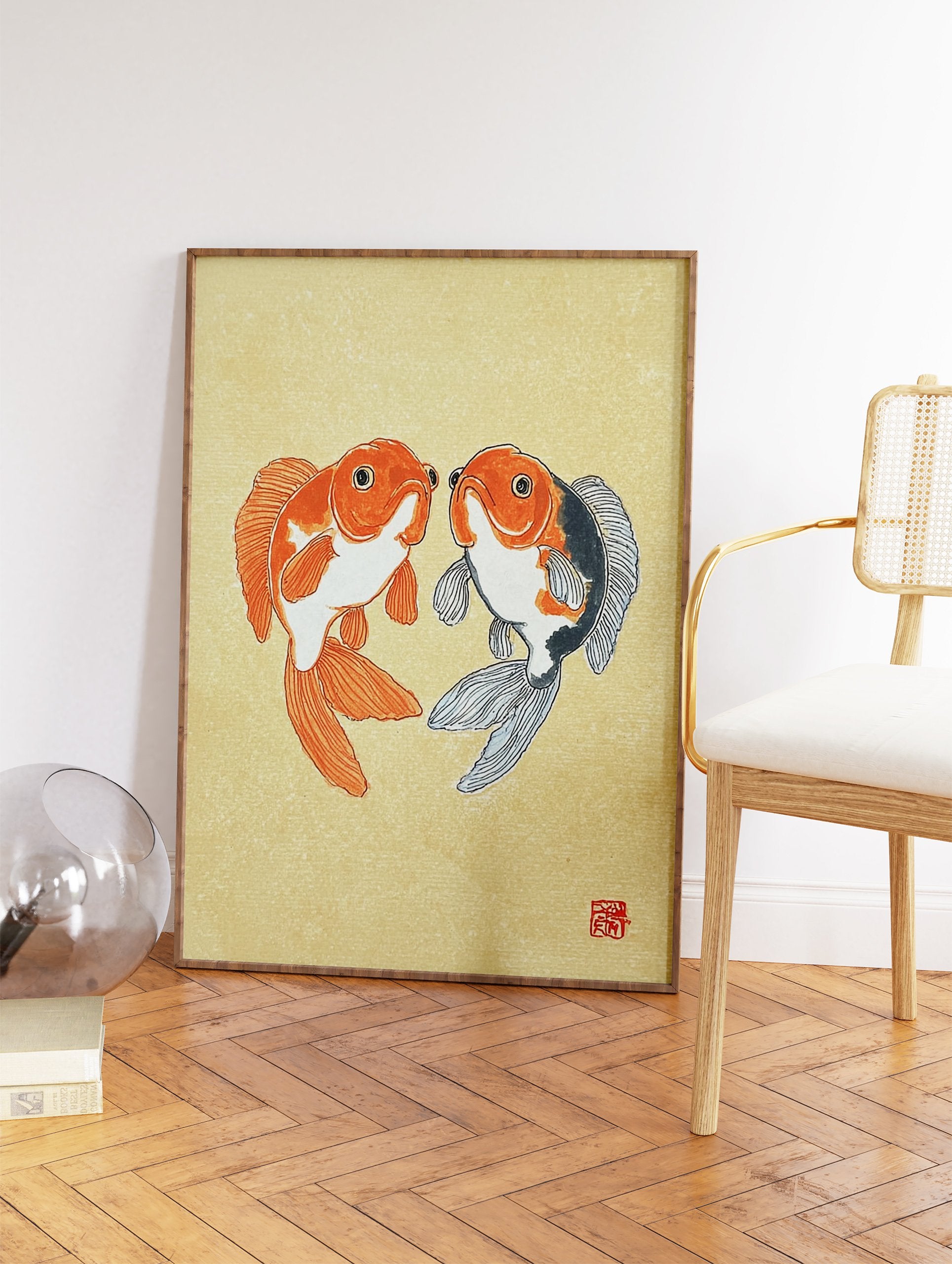 Japanese goldfish wall art print featuring two orange and black goldfish on a beige textured background. - Image 2