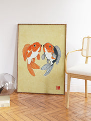 Japanese goldfish wall art print featuring two orange and black goldfish on a beige textured background. - Image 2