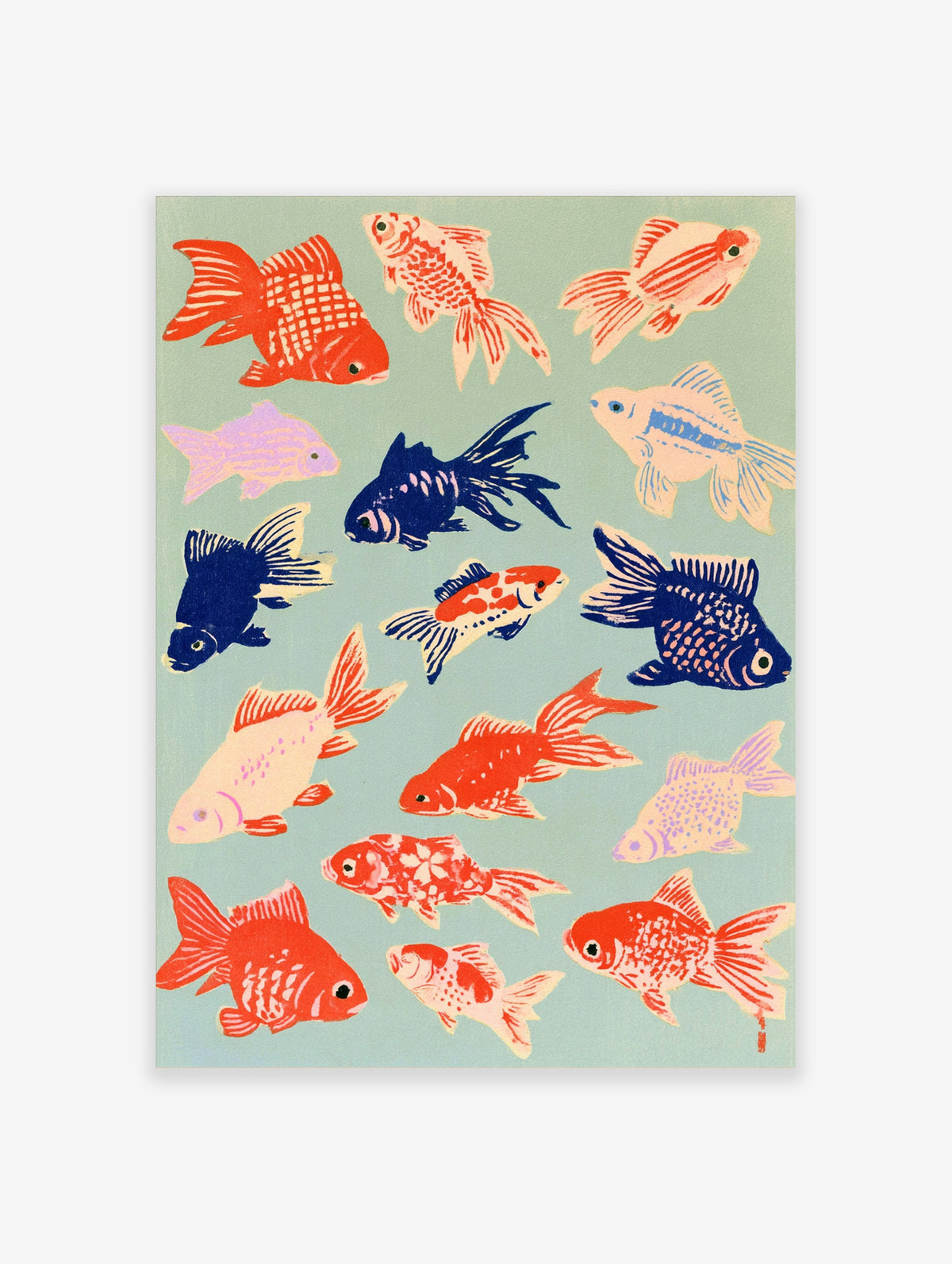 Colourful goldfish art print with red, blue and pink fish on a pale green background