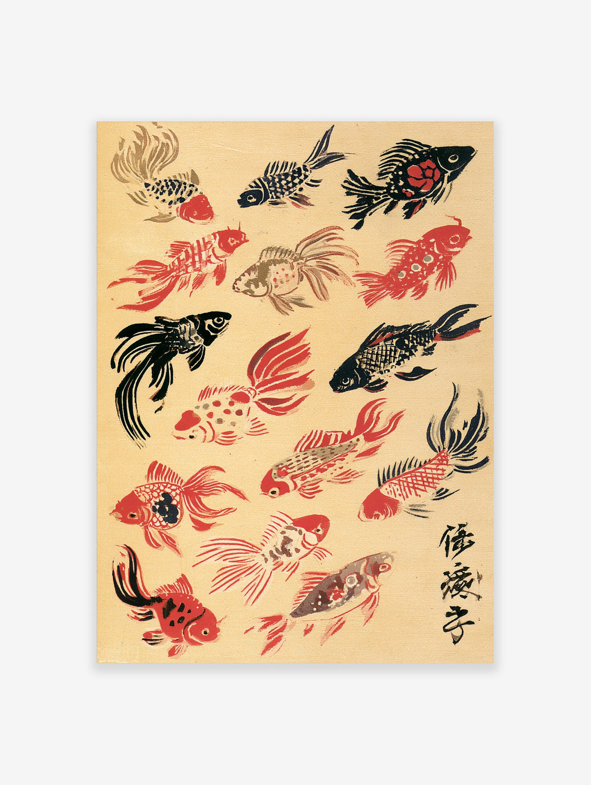 Goldfish wall art print with fifteen red, black and cream fish on beige background
