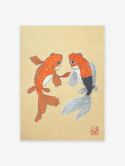Japanese-style illustration of two orange and black goldfish on a light yellow textured background with a red seal.
