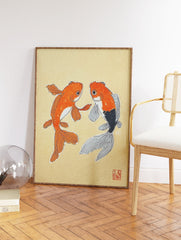 Japanese-style illustration of two orange and black goldfish on a light yellow textured background with a red seal. - Image 2