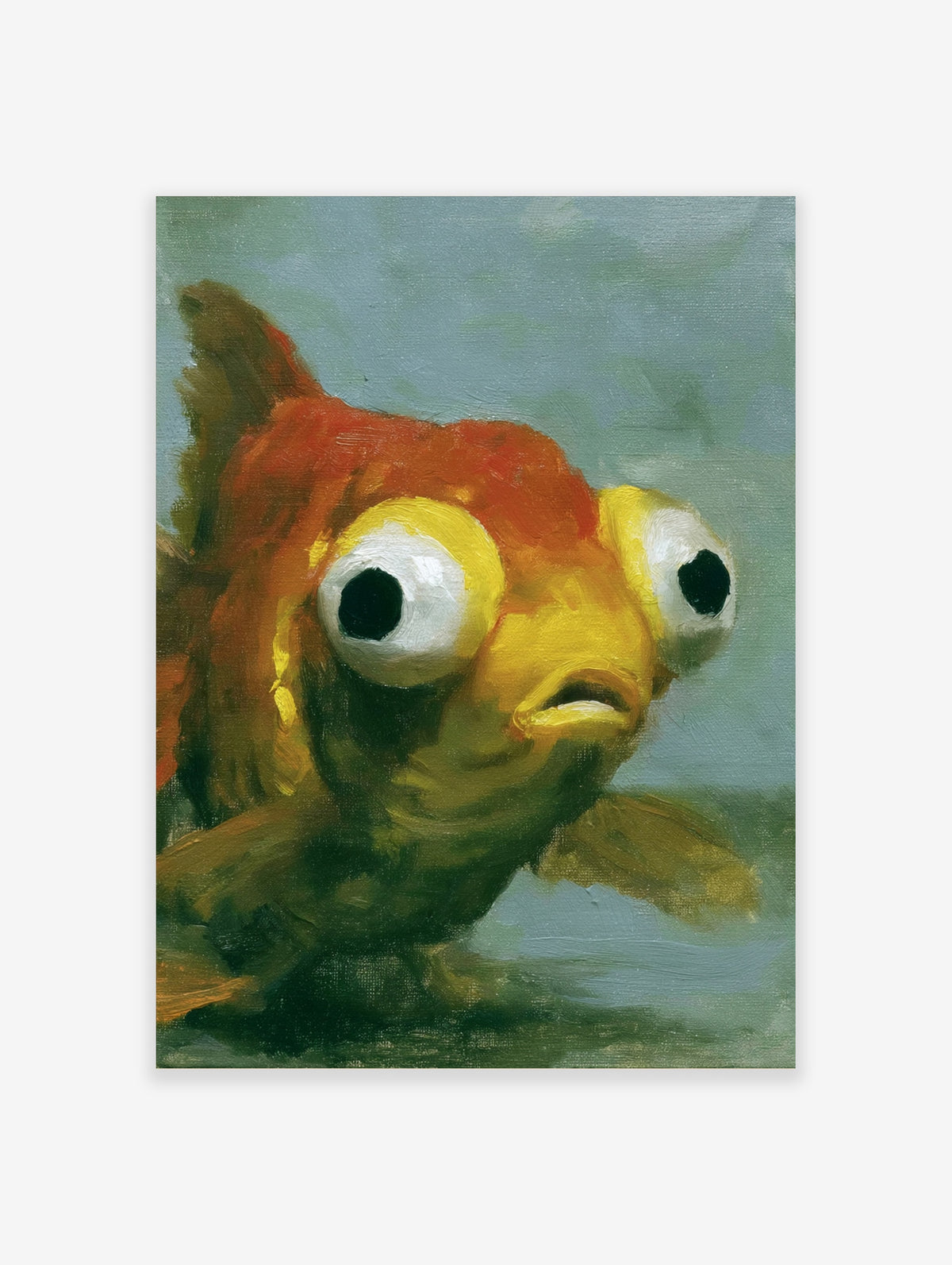 Close-up painterly illustration of a goldfish with large eyes, orange and yellow scales, and a green background