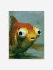 Close-up painterly illustration of a goldfish with large eyes, orange and yellow scales, and a green background