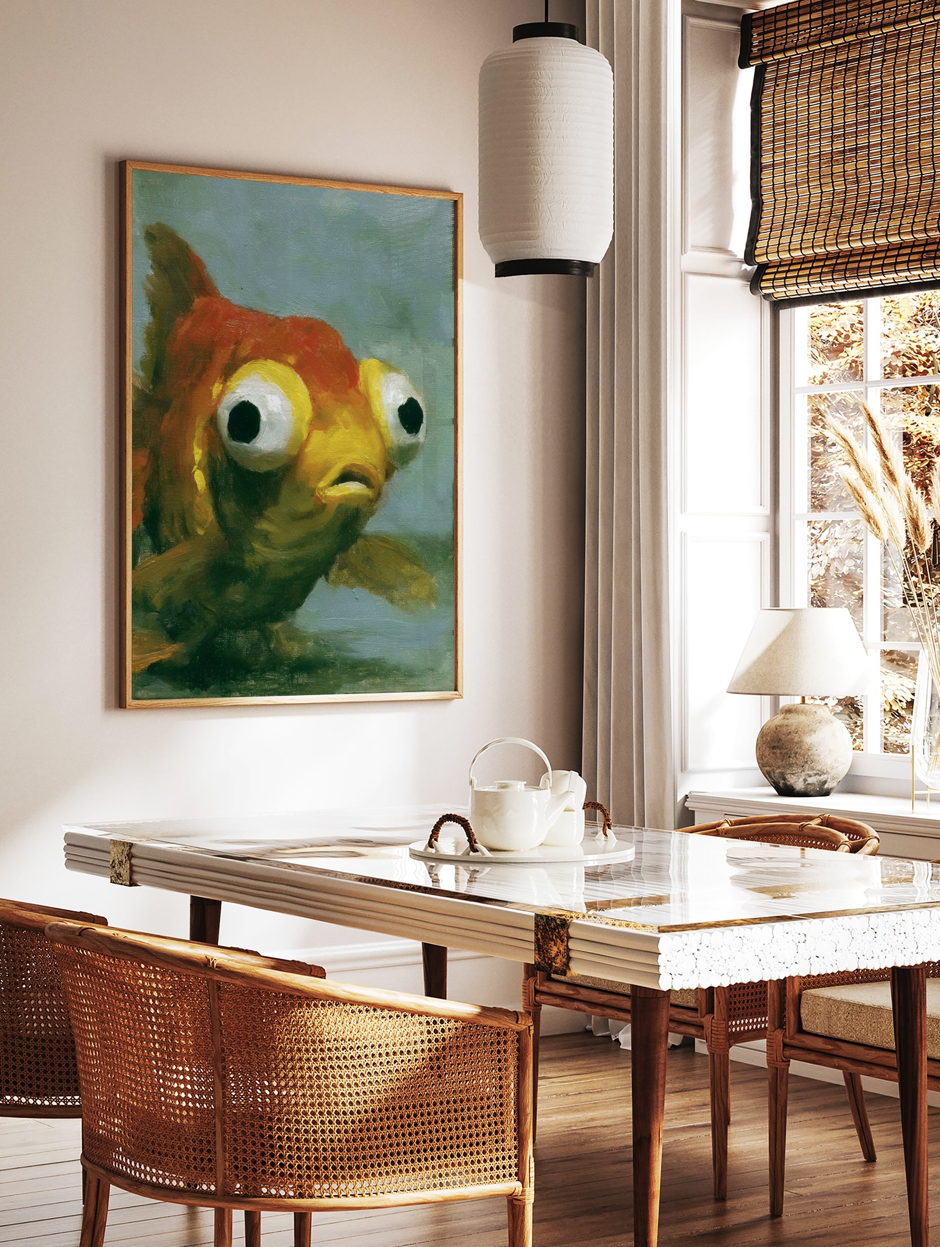 Close-up painterly illustration of a goldfish with large eyes, orange and yellow scales, and a, in a styled room mockup