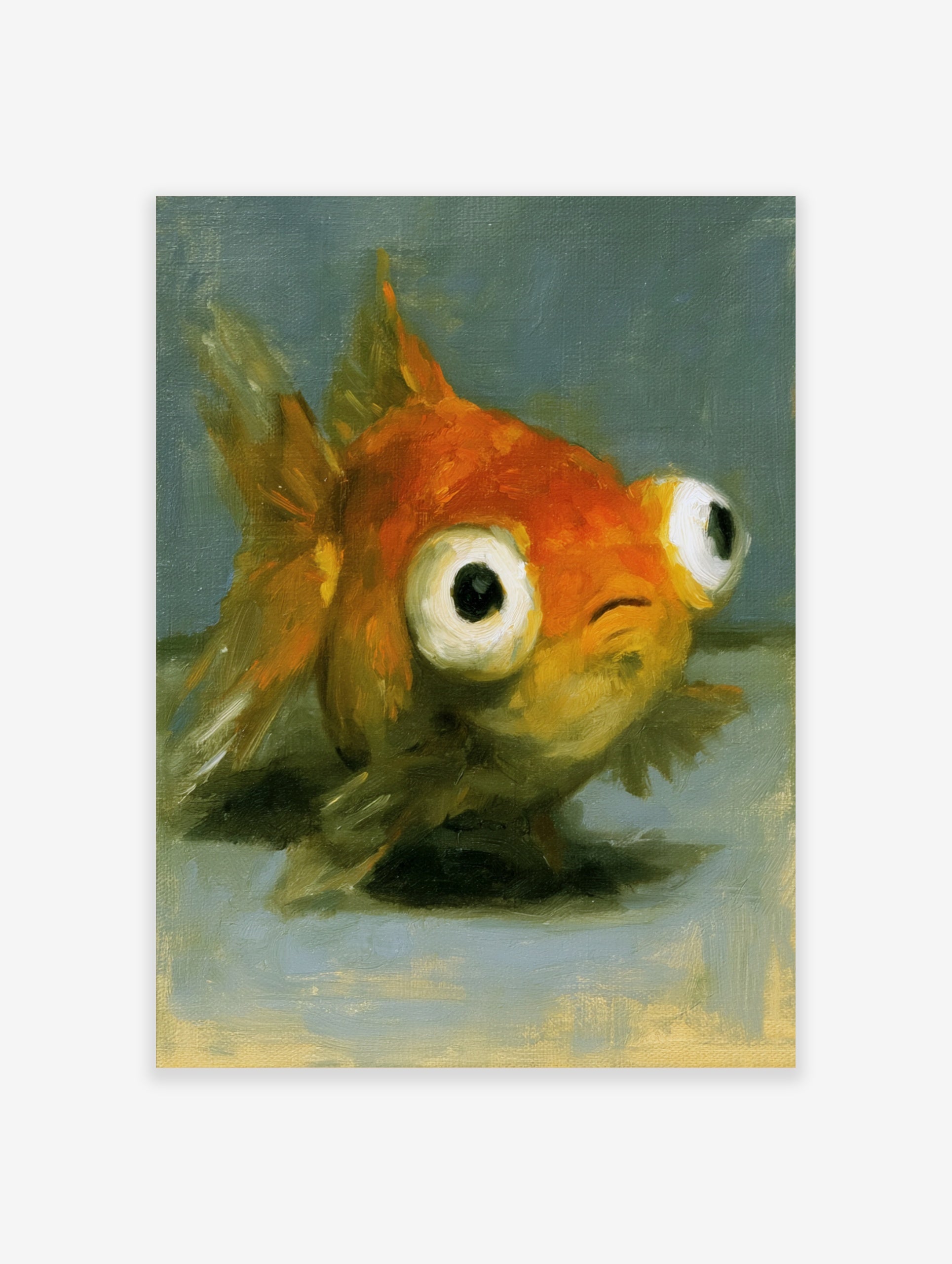 Close-up painterly illustration of a goldfish with large, expressive eyes on a grey background