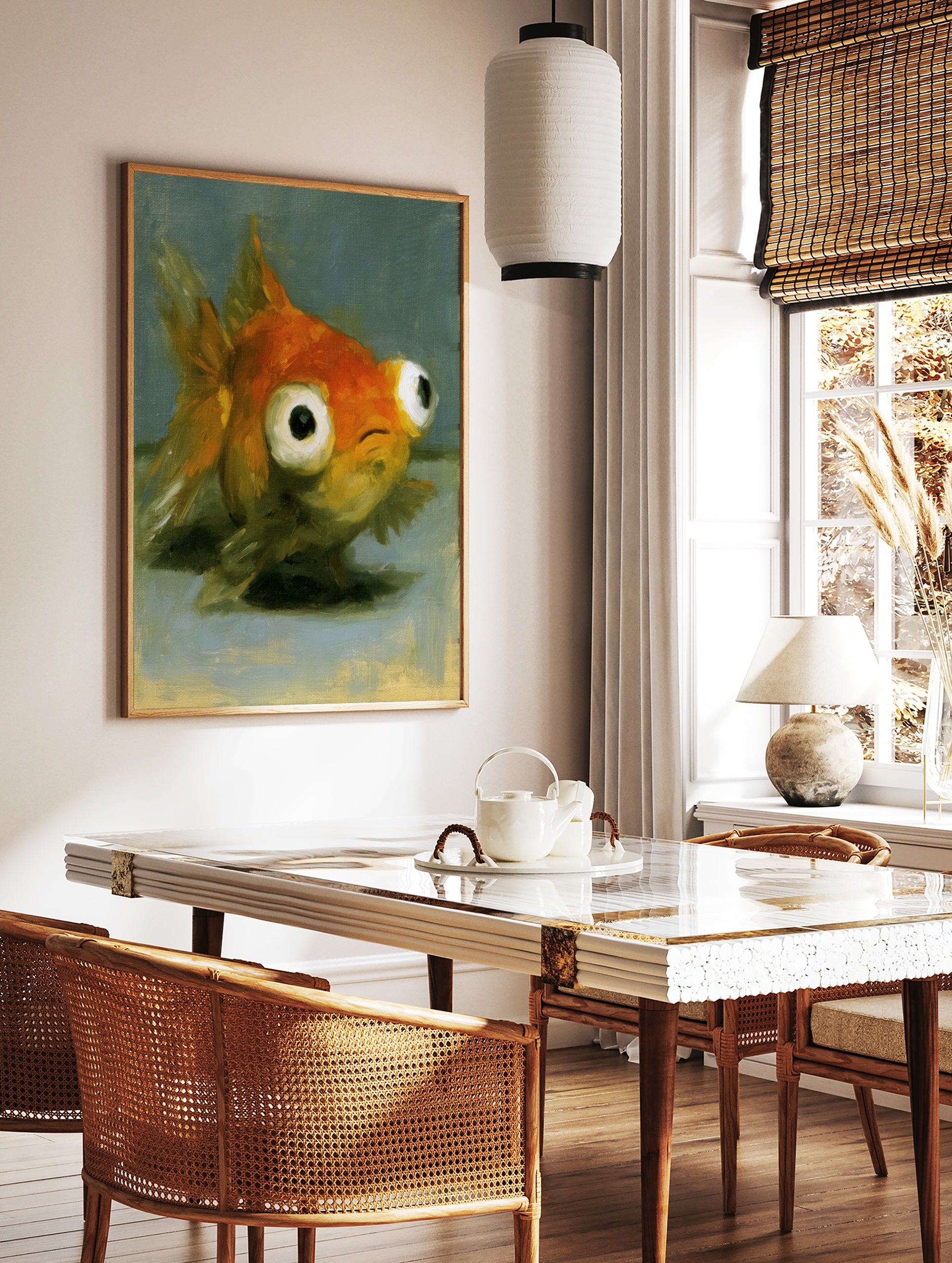 Close-up painterly illustration of a goldfish with large, expressive eyes on a grey background, in a styled room mockup