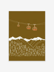 Illustrative gondola cabins above snow-capped mountains and forest on an olive green background