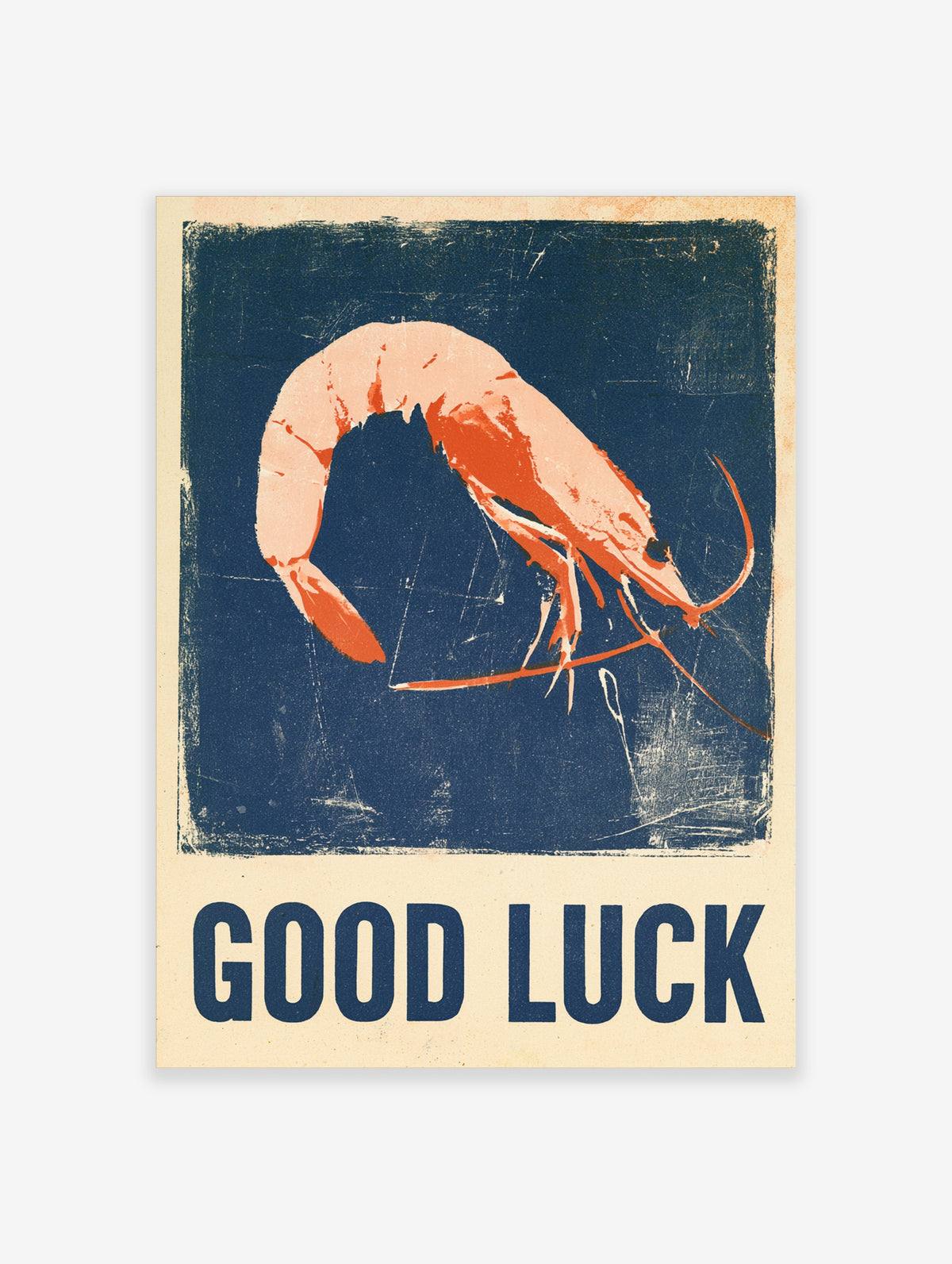 Retro shrimp poster with coral prawn and GOOD LUCK text on navy blue background