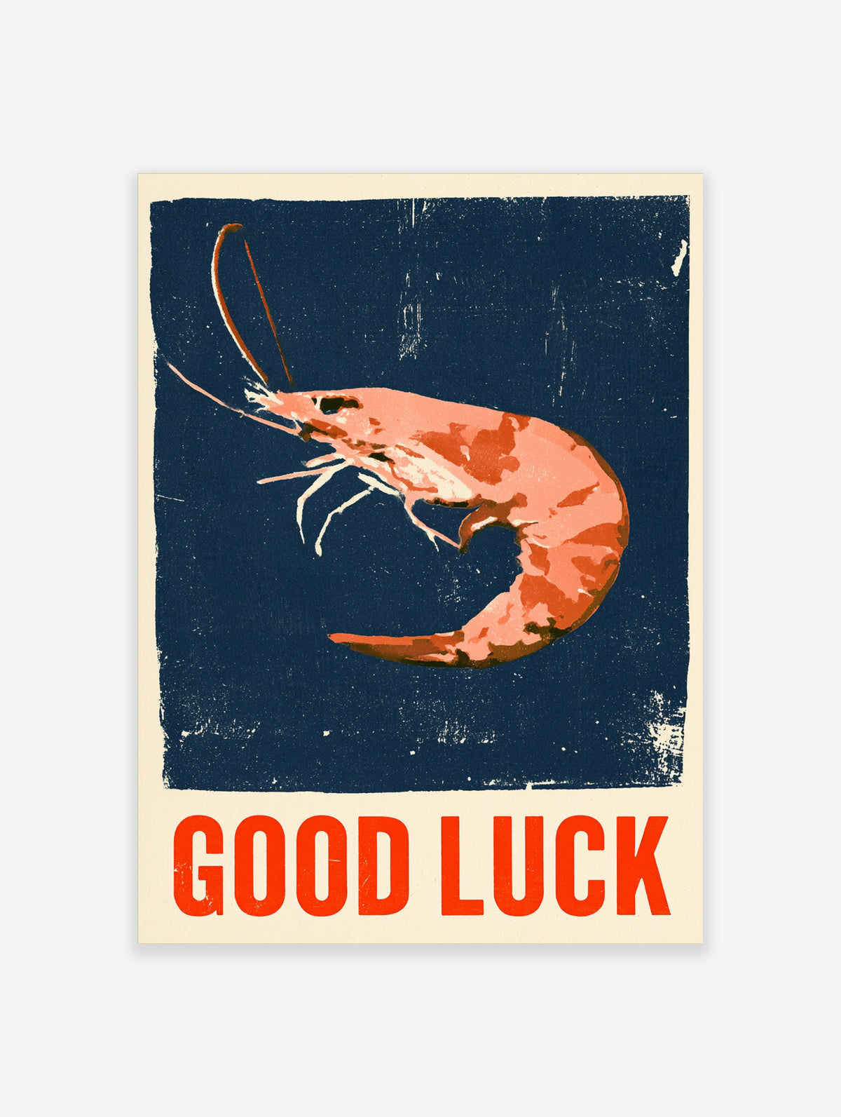 Pink shrimp illustration with GOOD LUCK text on navy background, retro poster style