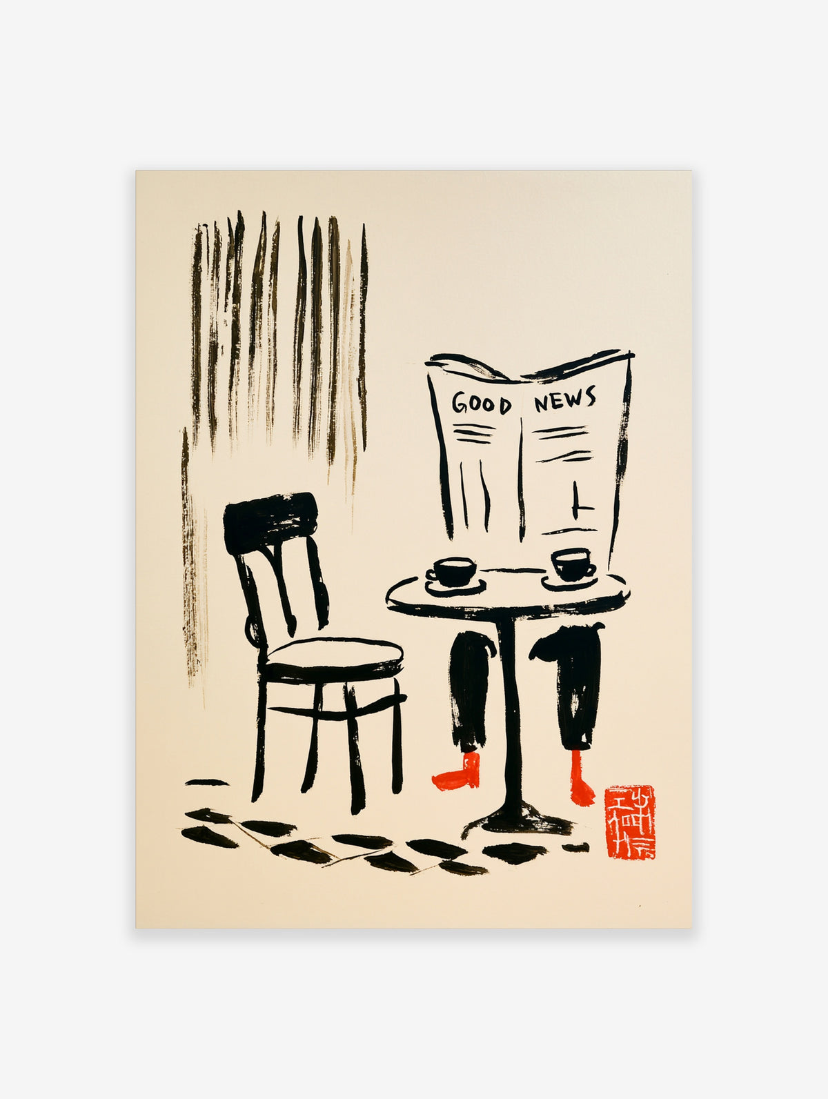 Black ink illustration of newspaper titled Good News, chair, table with coffee cups, red shoes, on cream background