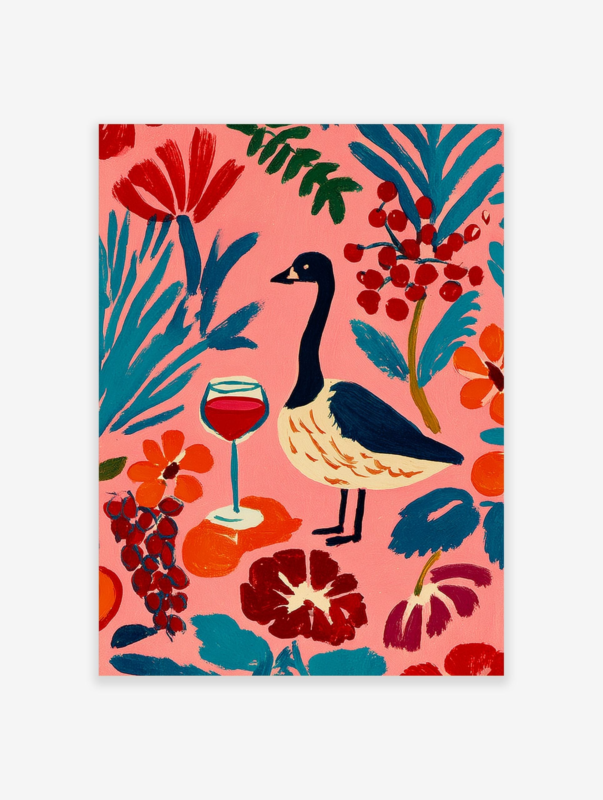 Colourful illustrative wall art of a goose, red wine glass, and abstract botanical elements on a pink background