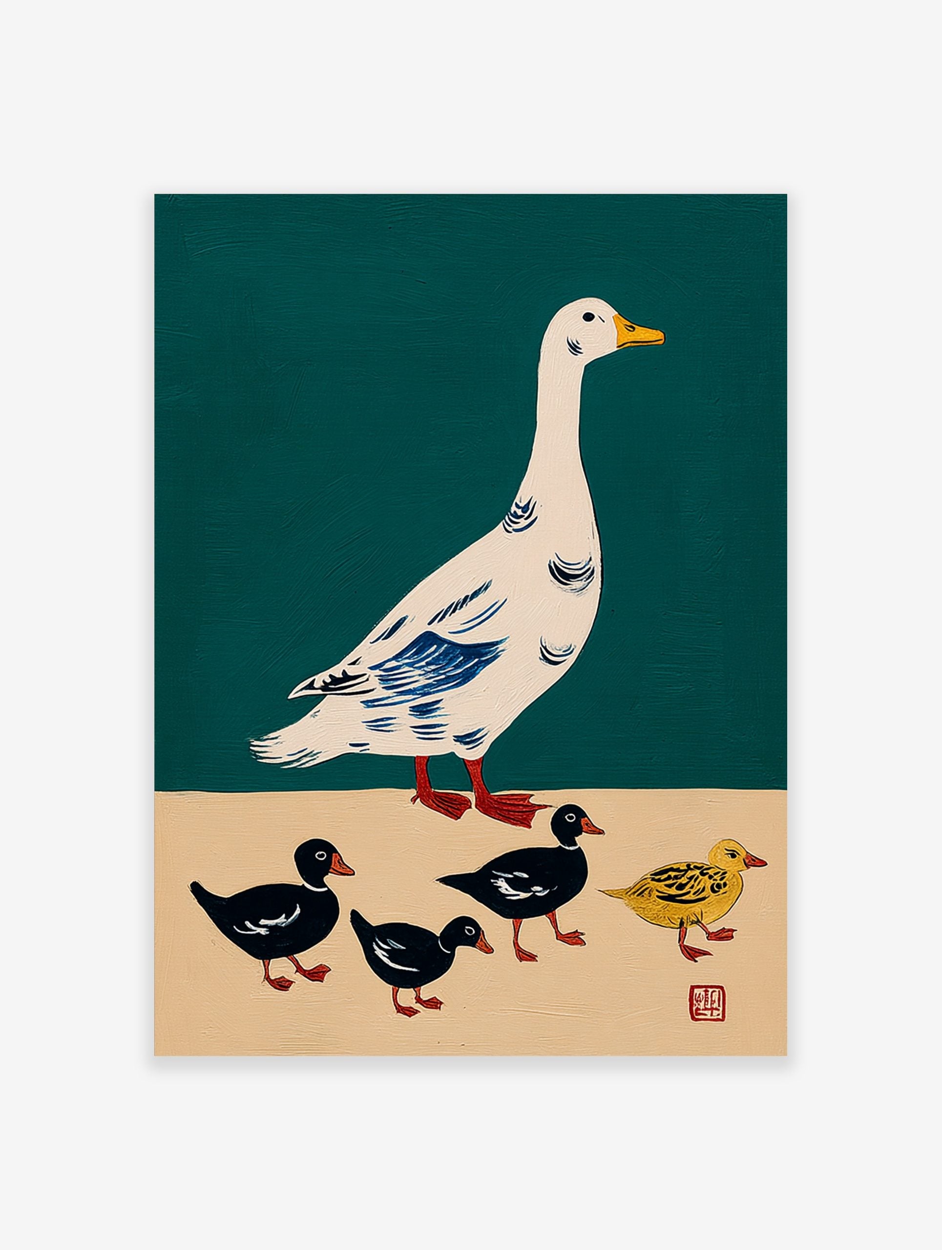 Illustrative print of a white goose with blue wings and four ducklings, three black and one yellow, on a teal background
