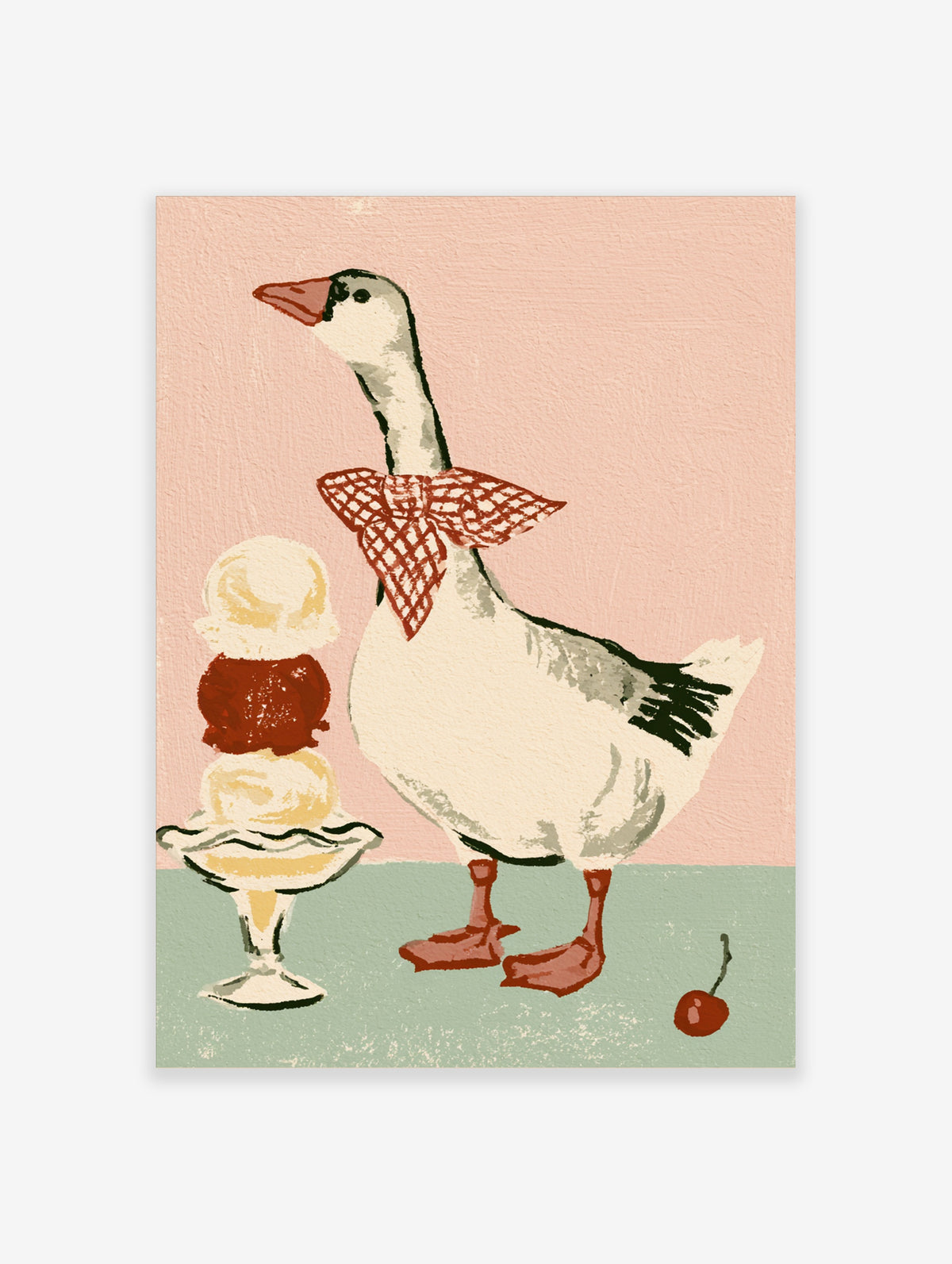 White goose with red check bow beside a three-scoop ice cream sundae on a pink and sage background