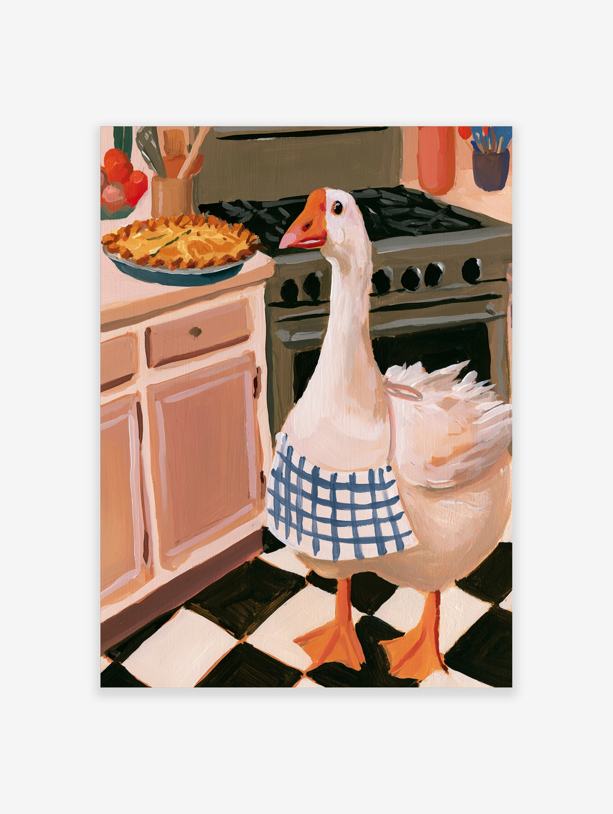 Illustration of a goose wearing a blue checkered apron standing in a kitchen next to a stove and a pie