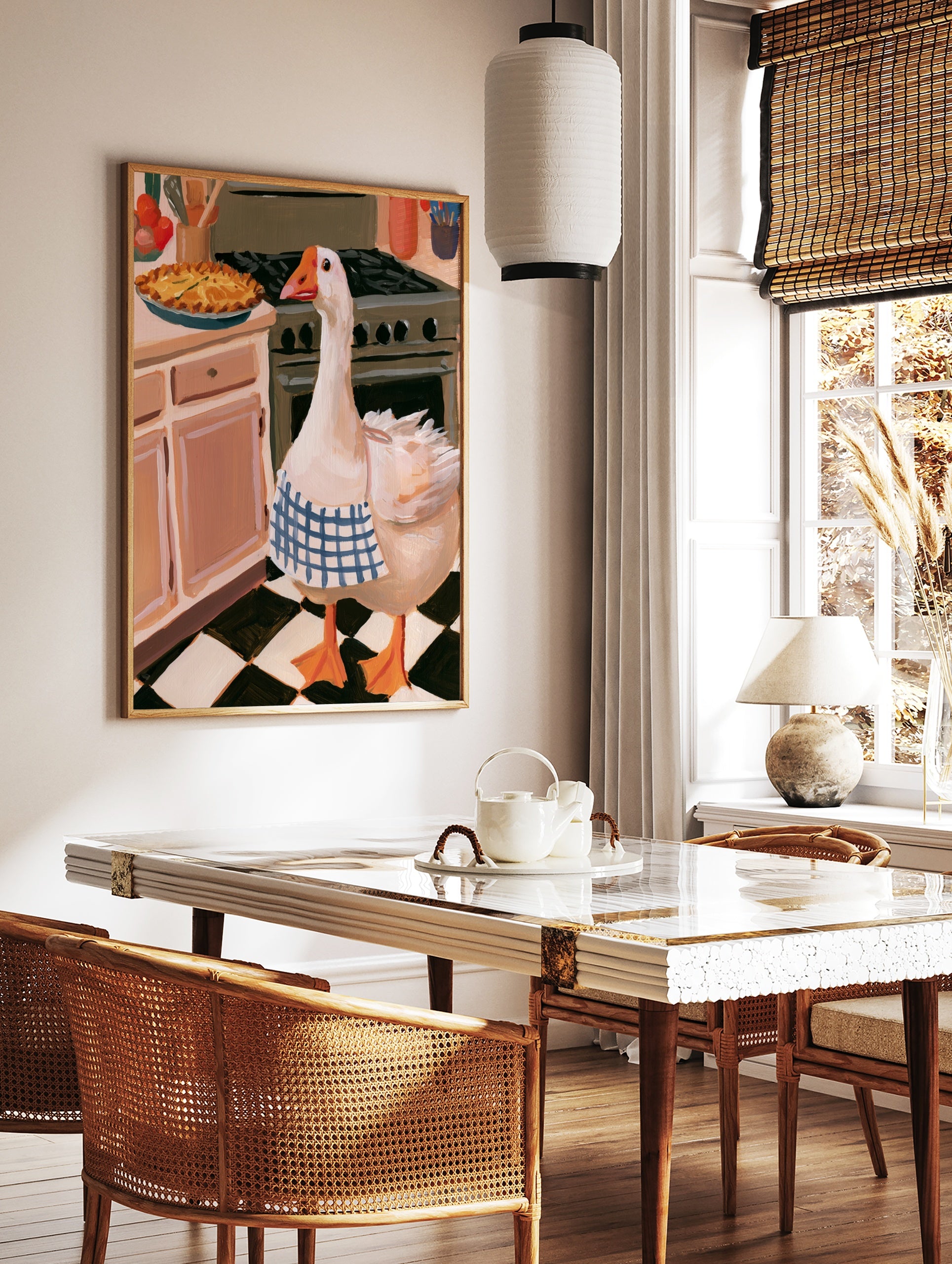 Illustration of a goose wearing a blue checkered apron standing in a kitchen next to a stove and a, in a styled room mockup