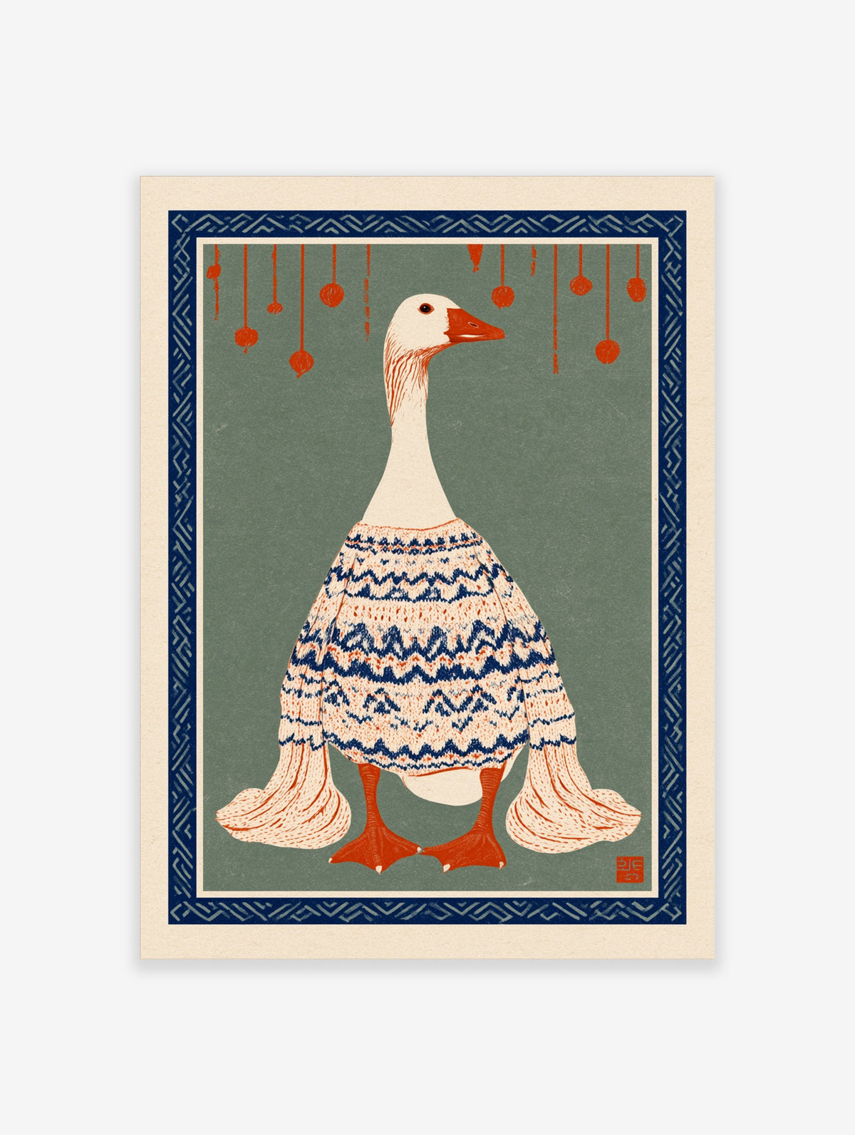 Illustration of a goose wearing a patterned Fair Isle jumper on a green background with hanging orange baubles