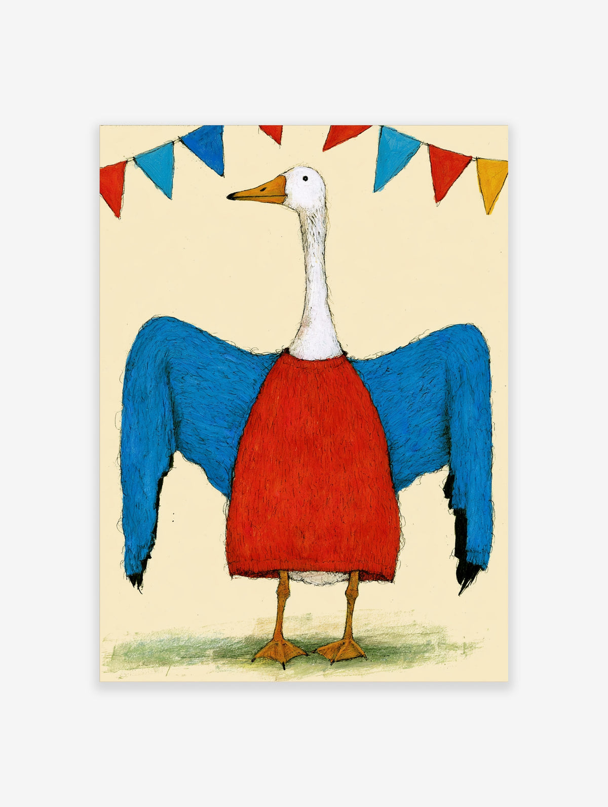 Illustrated white goose in red jumper with blue sleeves under colourful bunting on cream background