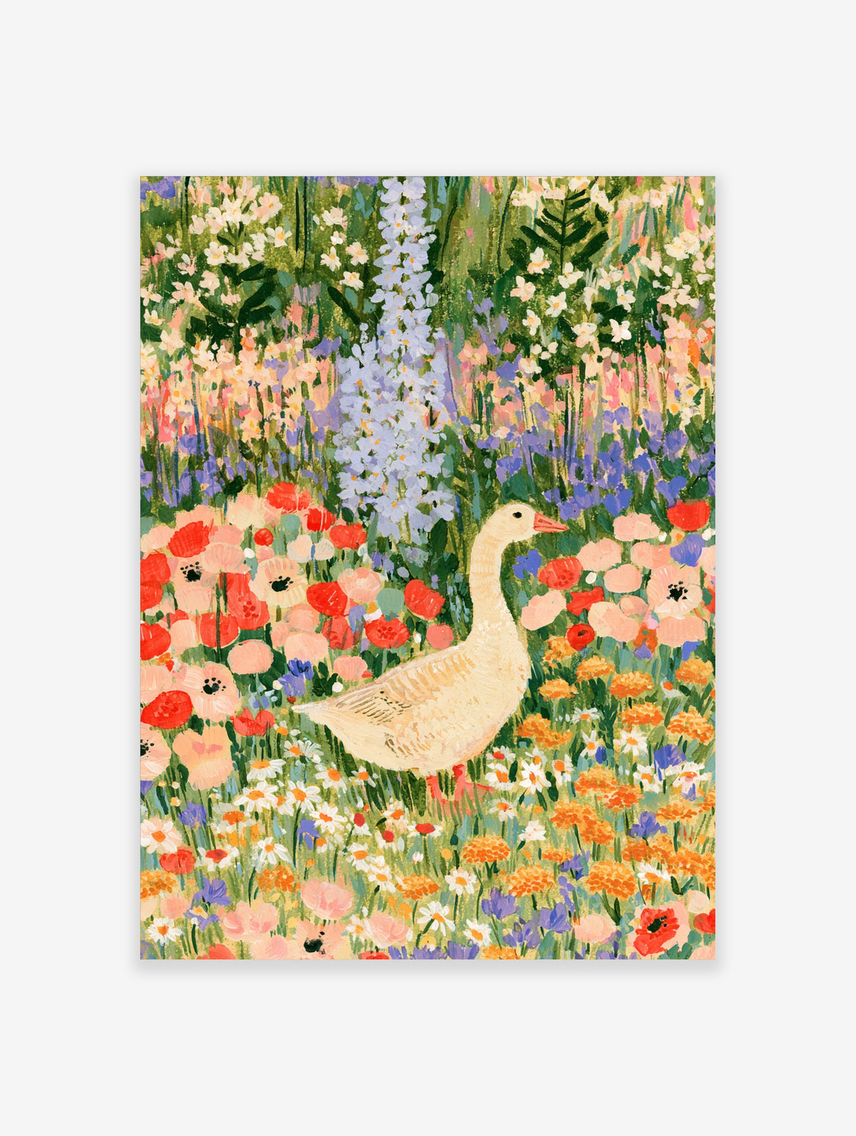 Cream goose standing among red poppies, blue delphiniums and white daisies in a colourful wildflower meadow poster