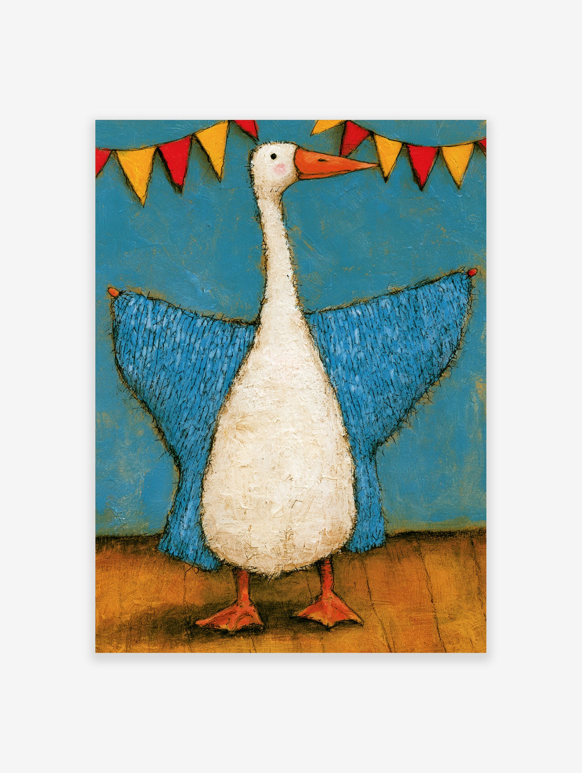 Quirky goose art print with blue wings and bunting on teal background