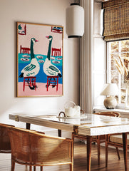 Modern goose wall art painting showing two green and white geese sitting at a blue table with pink background - Image 2