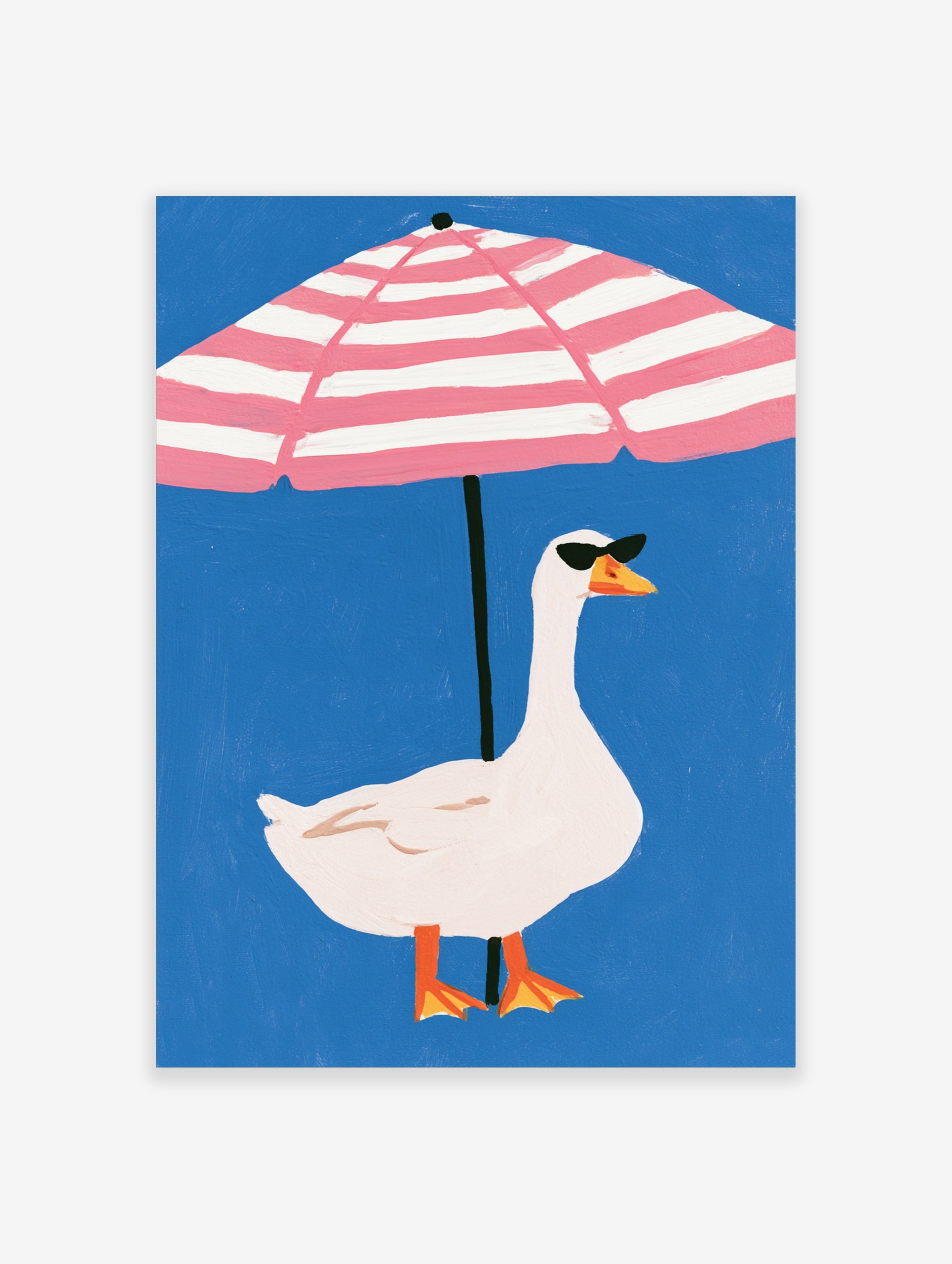 Playful illustration of a white goose in sunglasses under a pink and white striped beach umbrella on a blue background