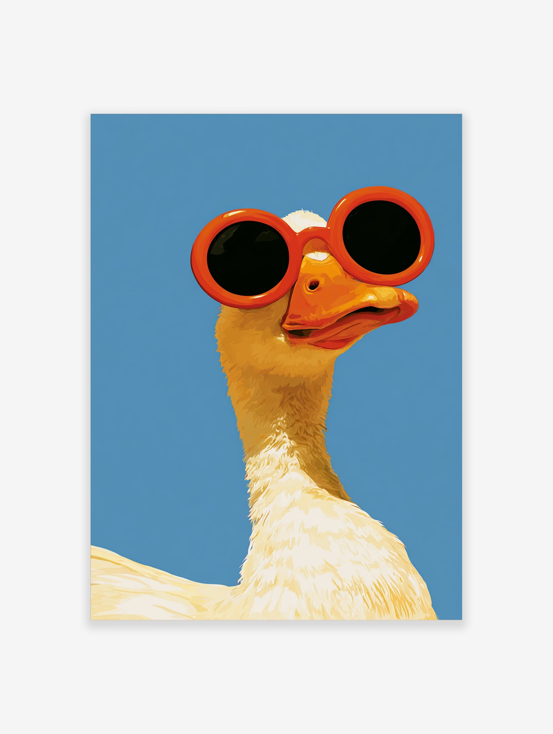 Illustration of a white goose wearing large, round orange sunglasses against a solid, bright blue background