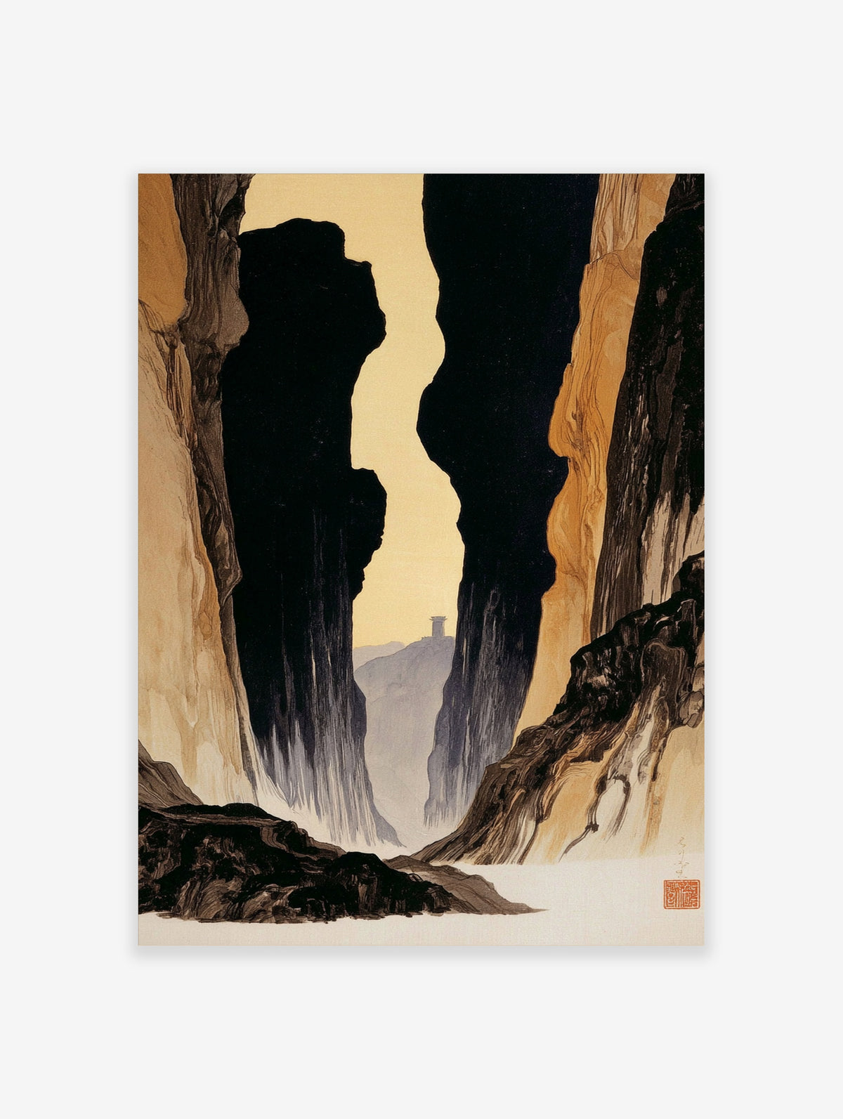 Vertical canyon landscape art print with black and gold rock faces and a distant tower