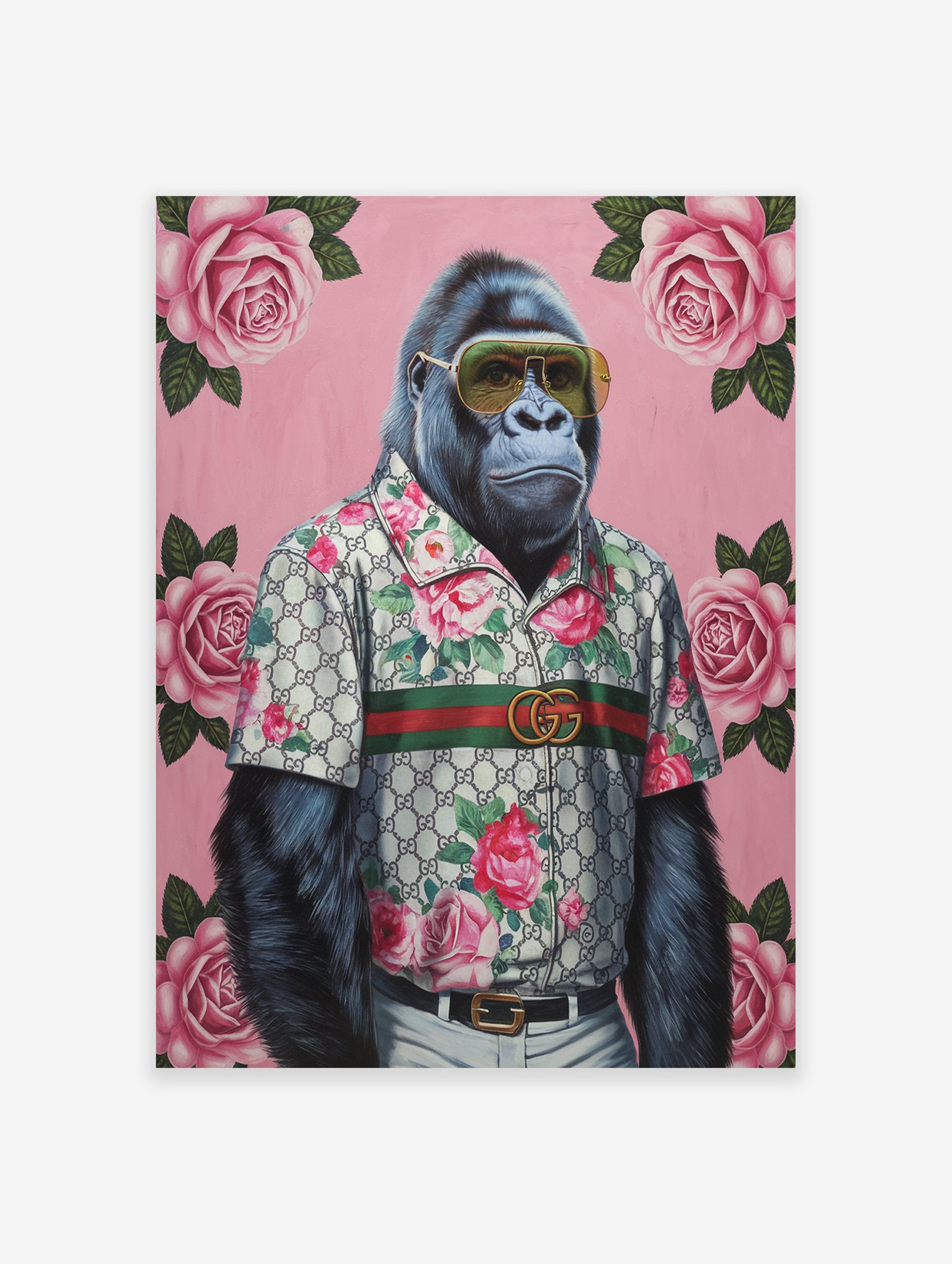 Gorilla Fashion Poster in a floral shirt and sunglasses against a pink background with roses and green leaves.
