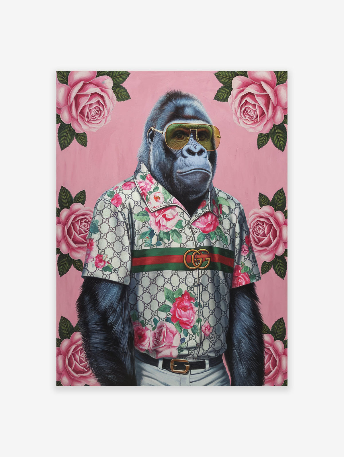 Gorilla Fashion Poster in a floral shirt and sunglasses against a pink background with roses and green leaves.
