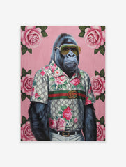 Gorilla Fashion Poster in a floral shirt and sunglasses against a pink background with roses and green leaves.