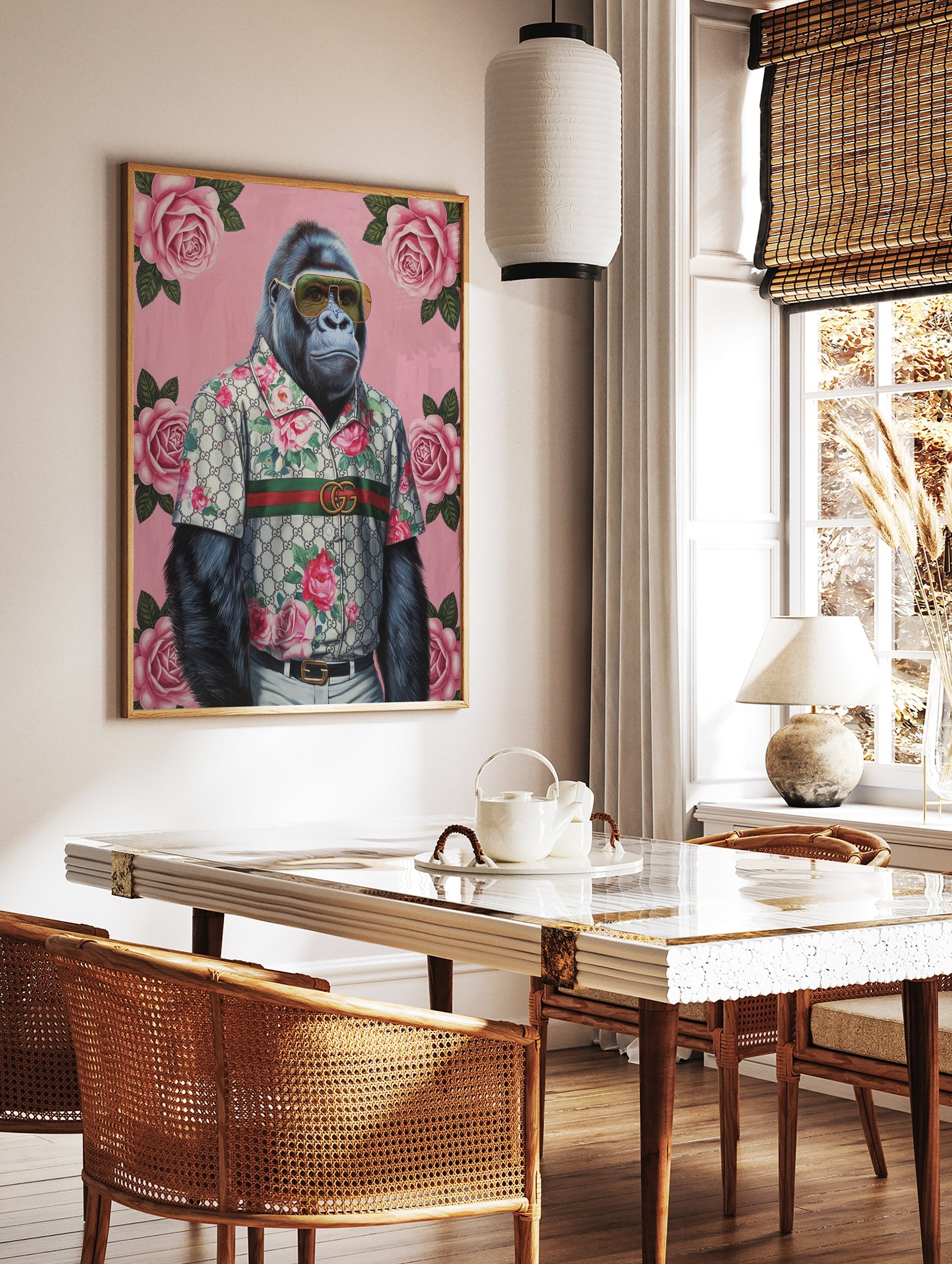 Gorilla Fashion Poster in a floral shirt and sunglasses against a pink background with roses and green leaves. - Image 2