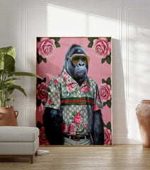 Gorilla Fashion Poster in a floral shirt and sunglasses against a pink background with roses and green leaves. - Image 3