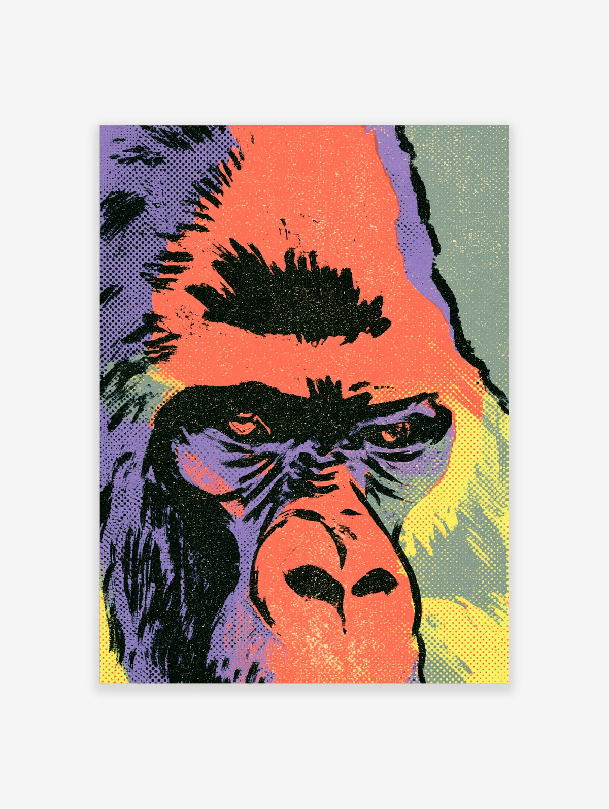 Pop art gorilla poster with halftone dots and black linework in orange, purple, and yellow