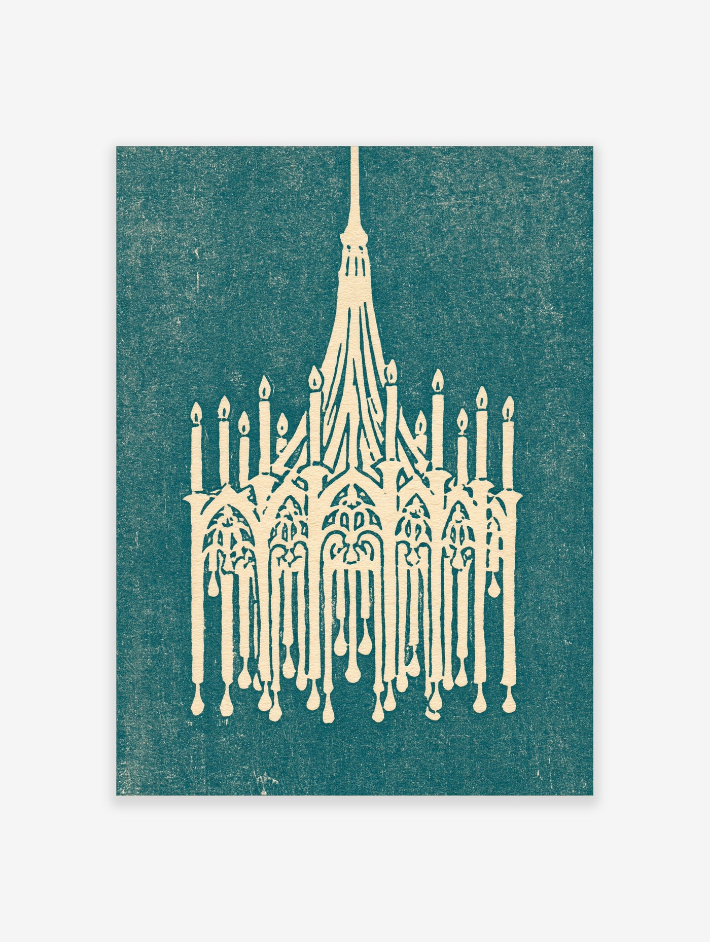 Gothic cathedral formed by candles, cream silhouette on teal background, unframed paper print