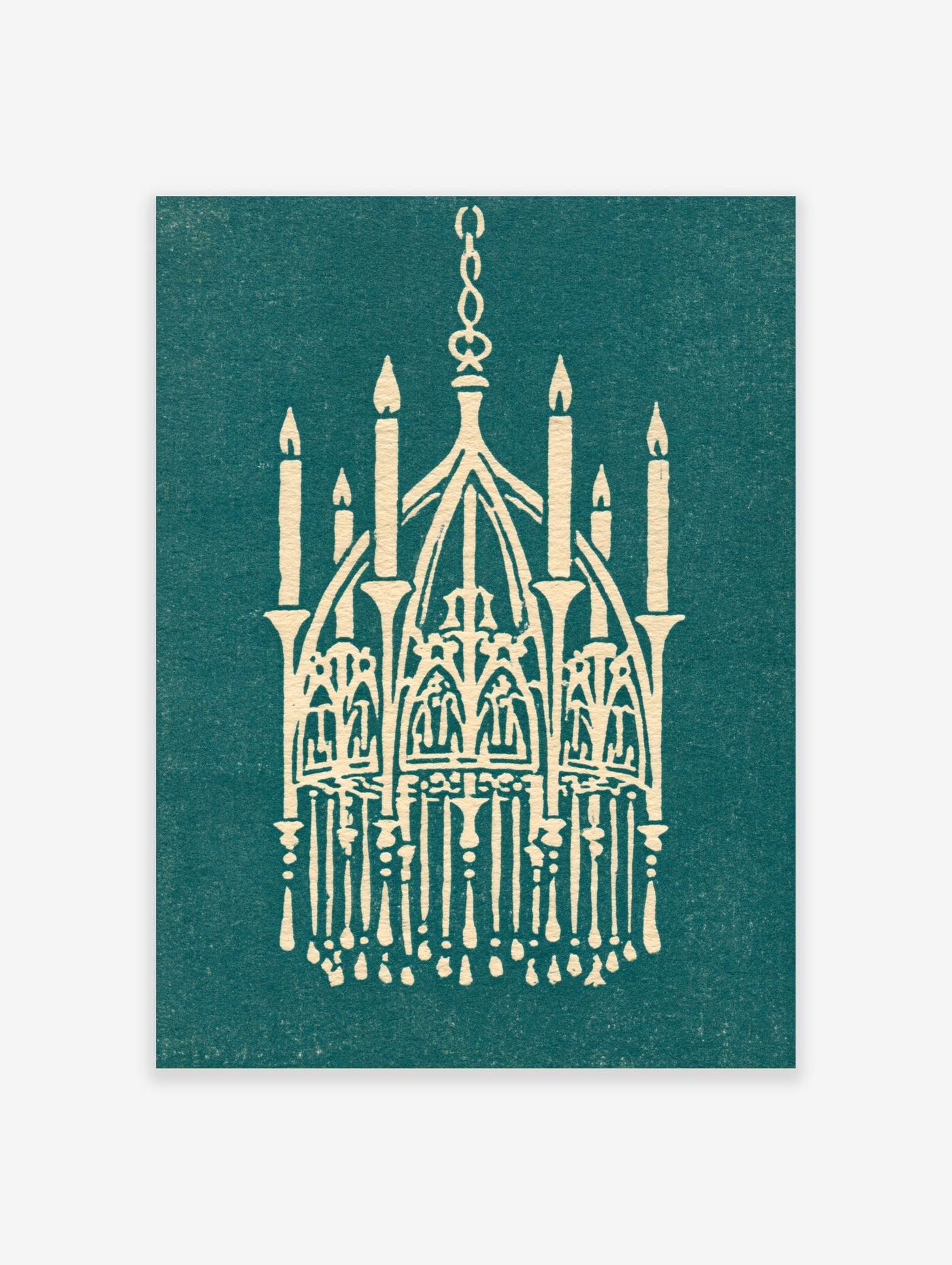 Gothic chandelier with candles and tracery in cream on green background, ornate wall art print