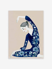 Illustrative art print of a woman in a navy floral outfit with arm raised, on a beige background