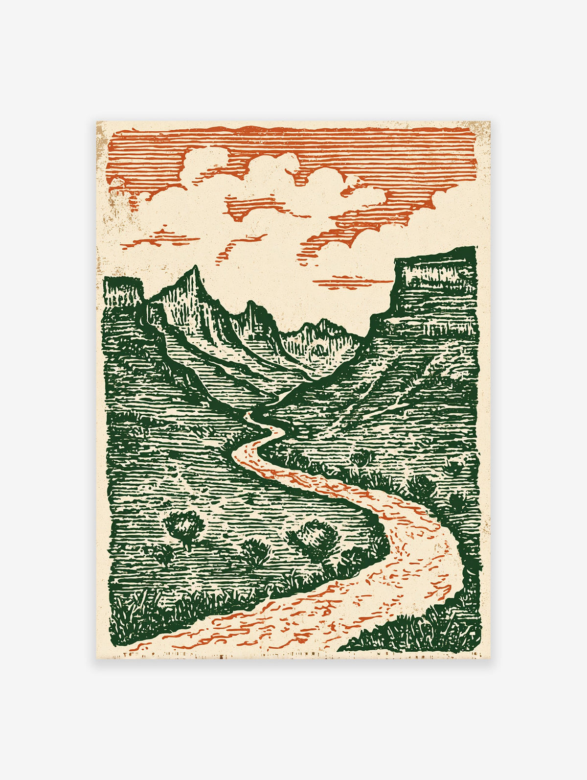 Illustrated Grand Canyon landscape wall art print featuring green mountains, a reddish-orange winding river, and clouds.
